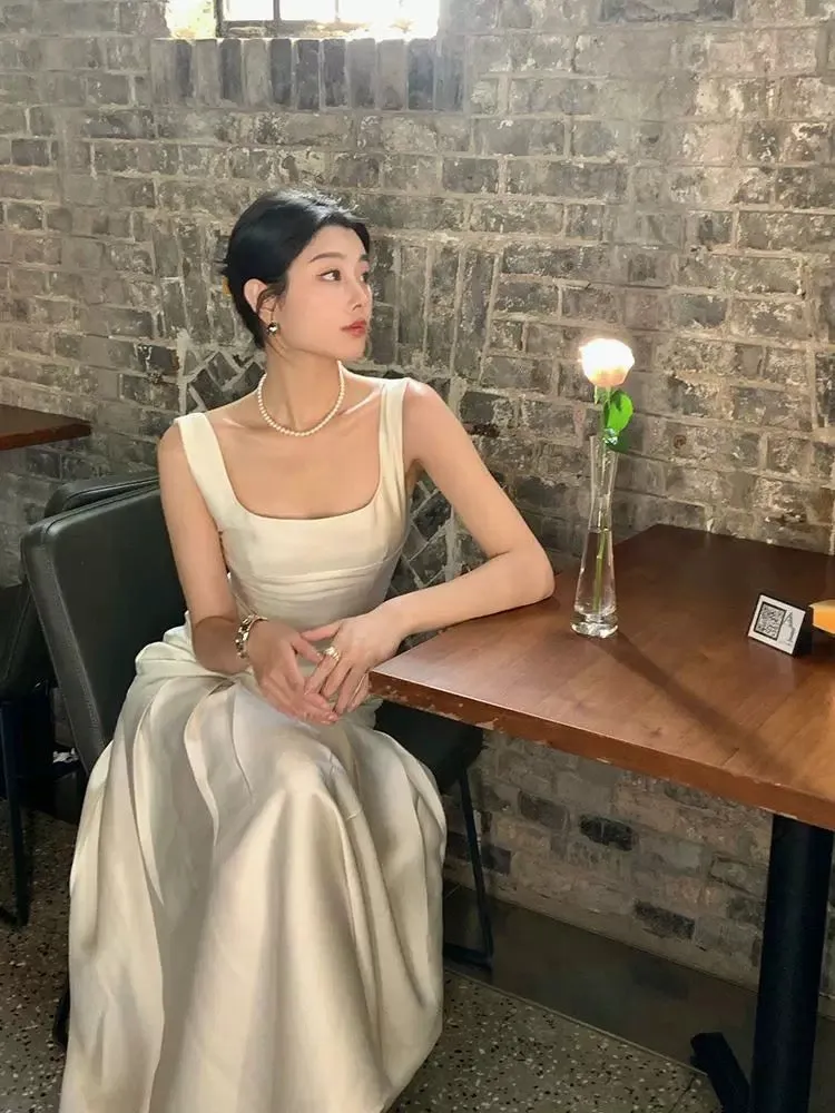 JazzHer Vintage Mermaid Square Neckline White Sleeveless Satin Prom Dresses Birthday Party Dress (PRE-ORDER)