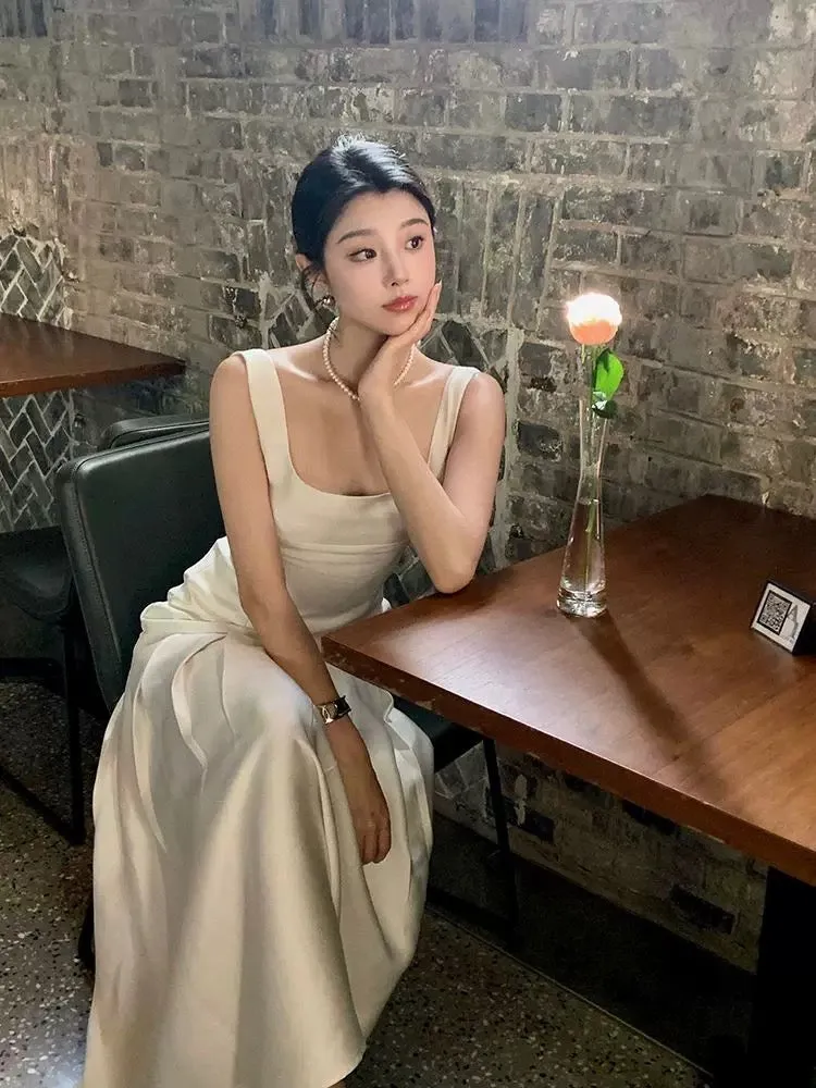 JazzHer Vintage Mermaid Square Neckline White Sleeveless Satin Prom Dresses Birthday Party Dress (PRE-ORDER)