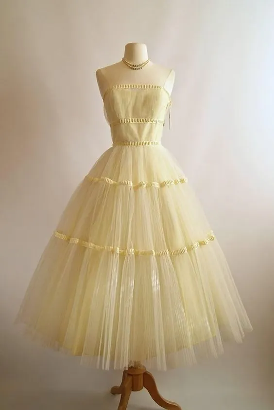 JazzHer Vintage s Vintage Yellow Homecoming Dresses Tea Length Homecoming Dress (PRE-ORDER)