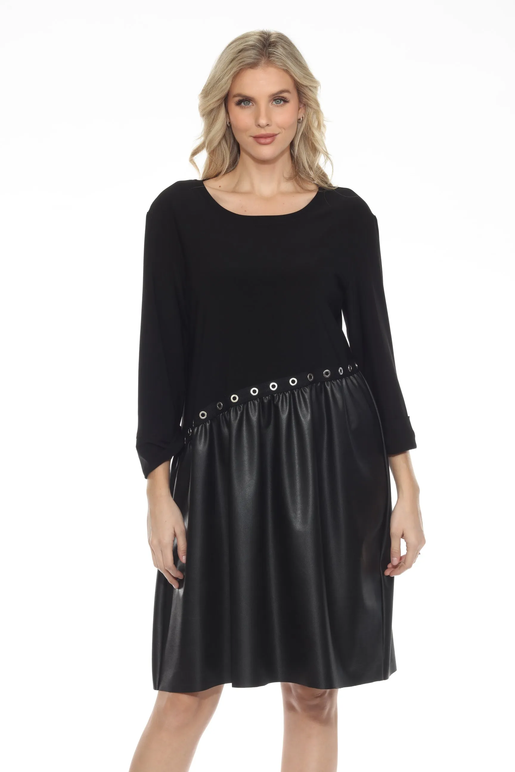 Joseph Ribkoff Black Grommet Accent Faux Leather Shift Dress 243001