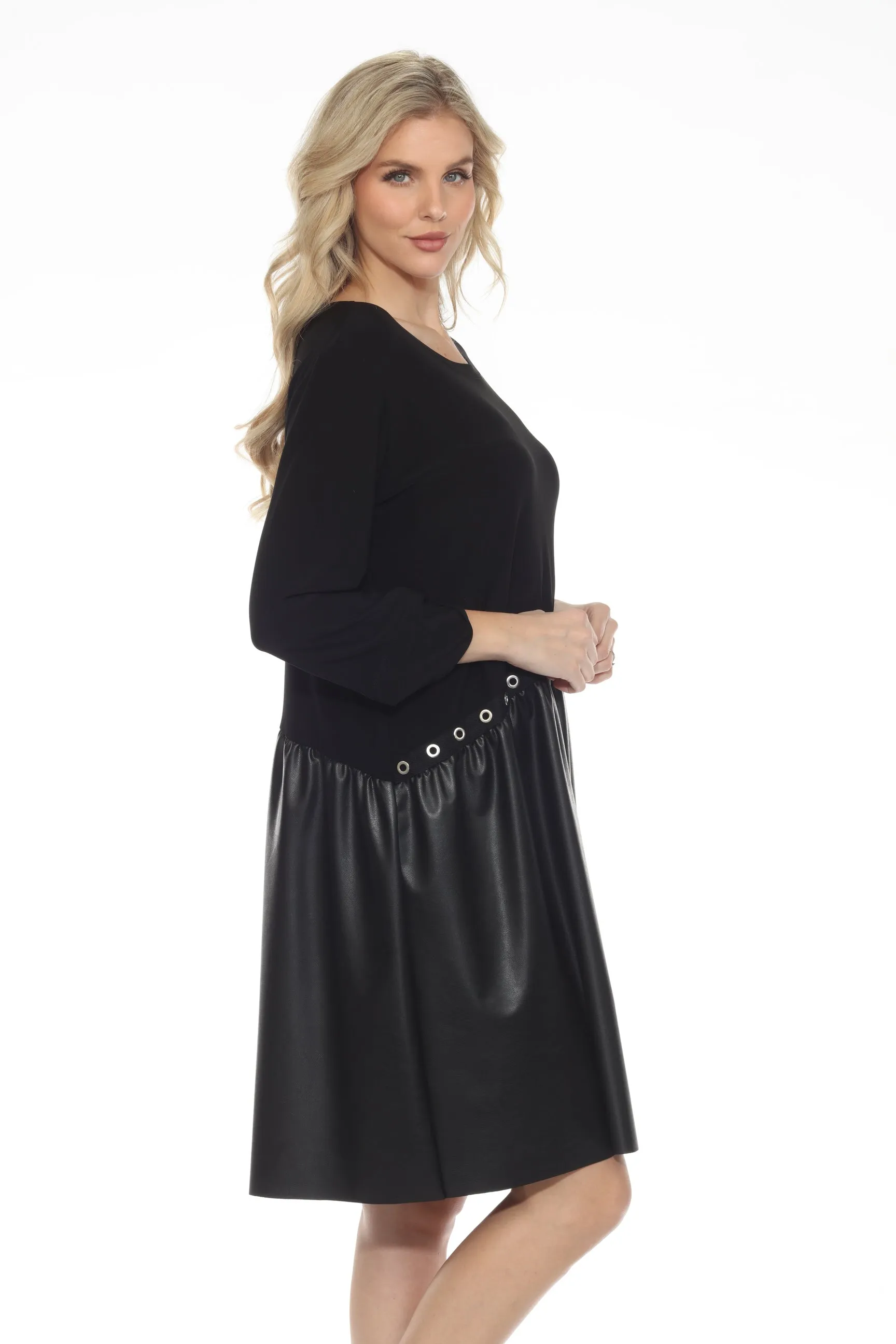 Joseph Ribkoff Black Grommet Accent Faux Leather Shift Dress 243001