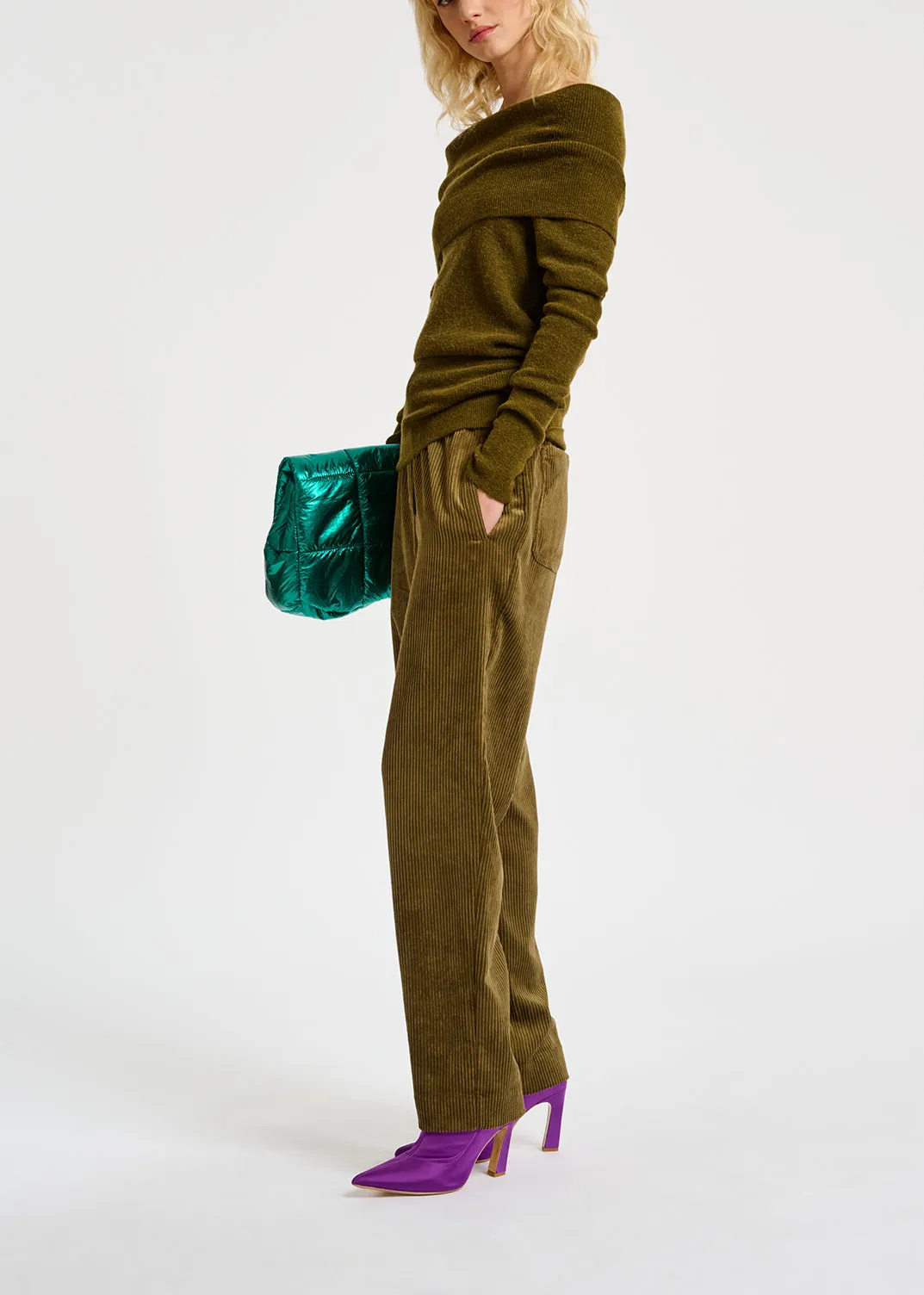 Khaki off-the-shoulder knit sweater