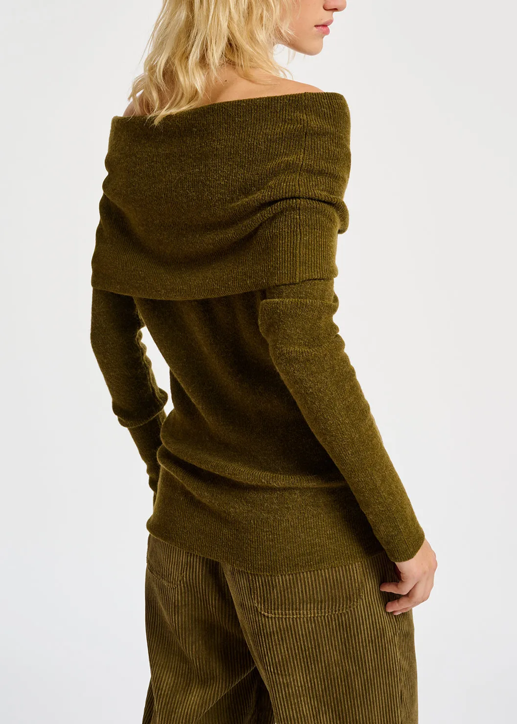 Khaki off-the-shoulder knit sweater
