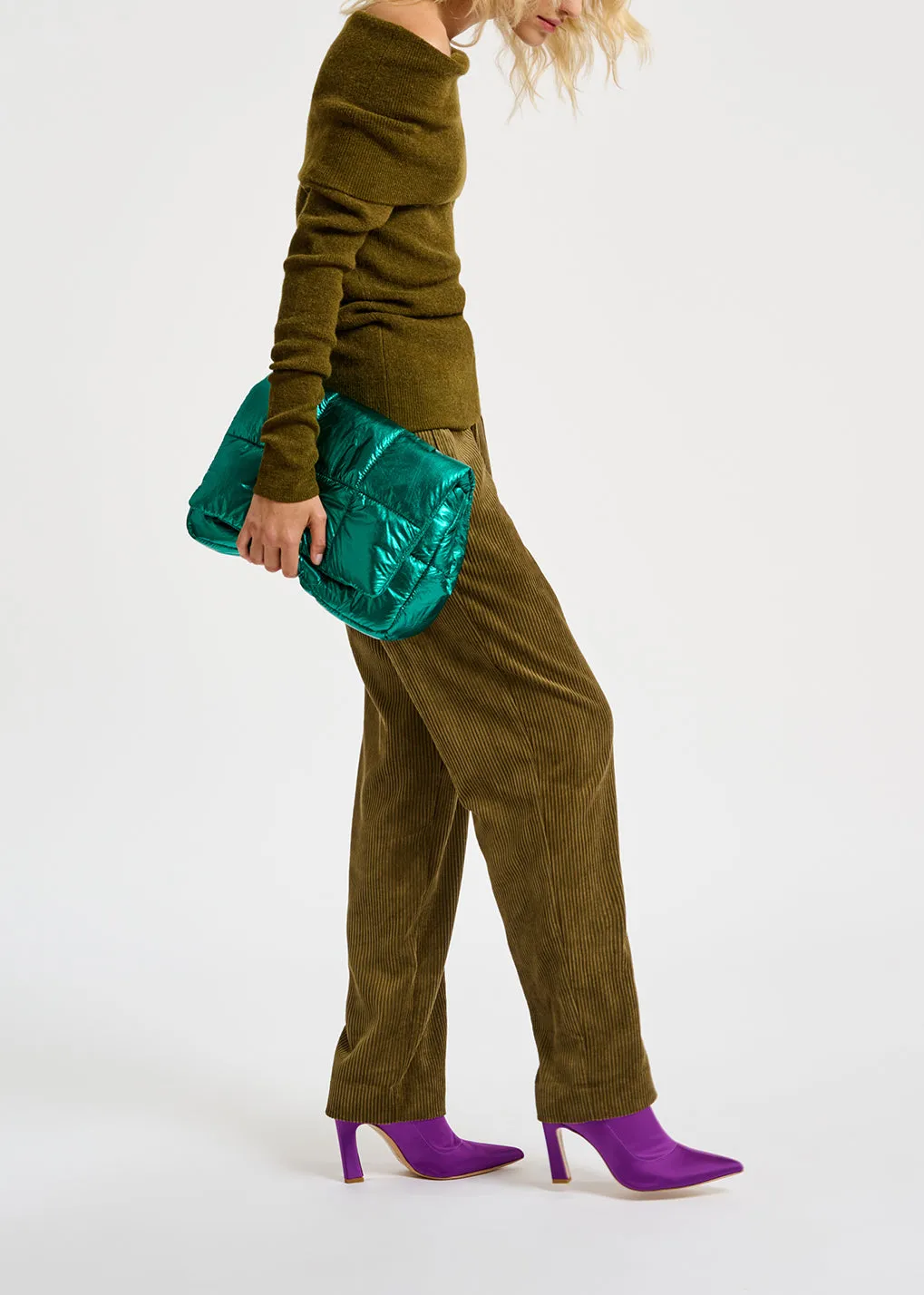 Khaki off-the-shoulder knit sweater