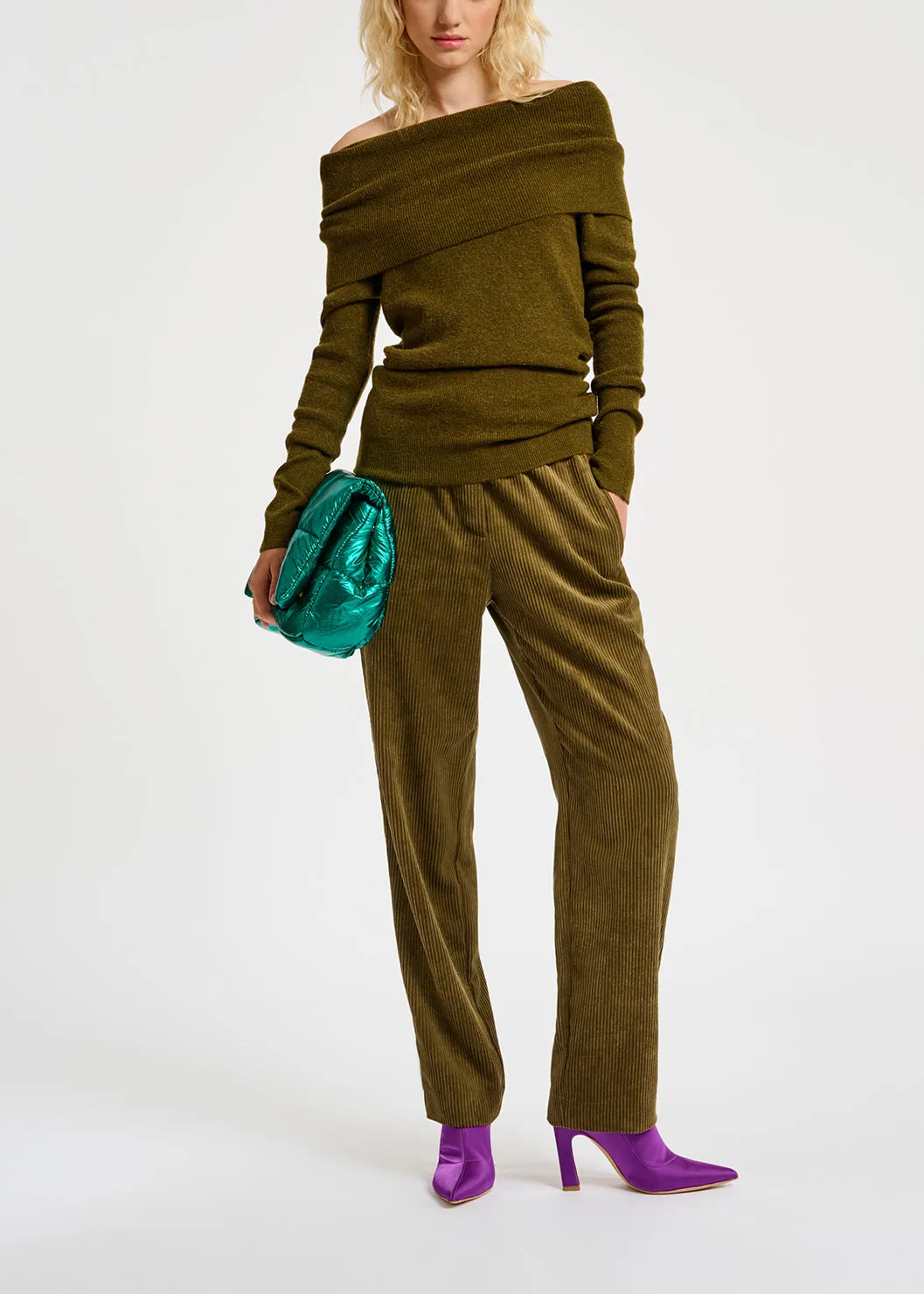 Khaki off-the-shoulder knit sweater