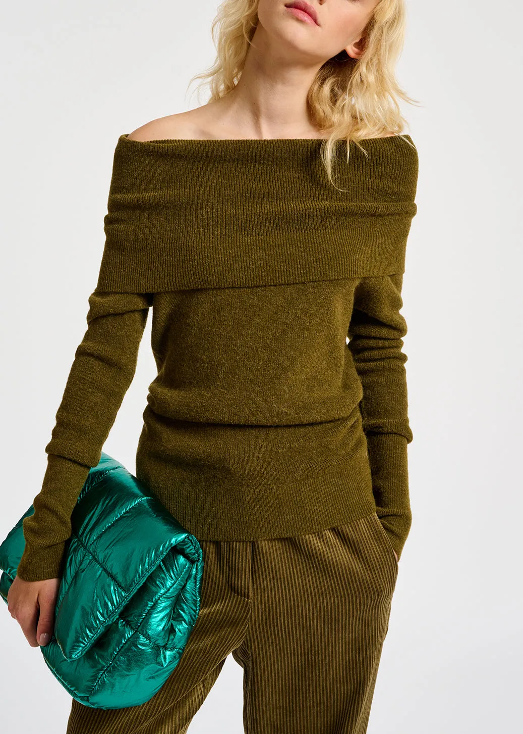 Khaki off-the-shoulder knit sweater