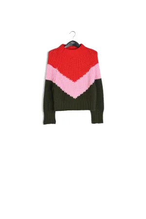Khaki, pink and red v-panel knitted sweater
