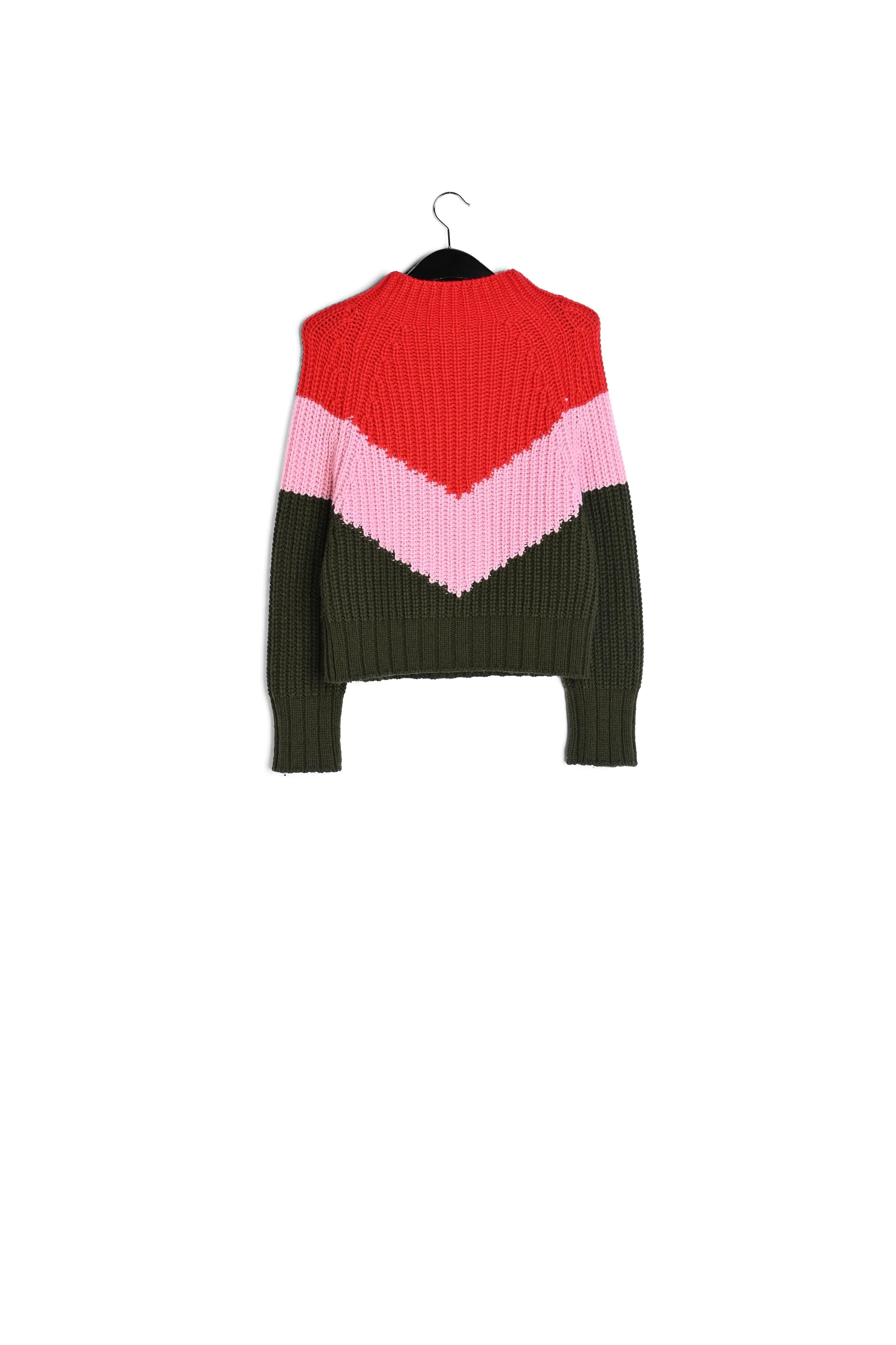 Khaki, pink and red v-panel knitted sweater