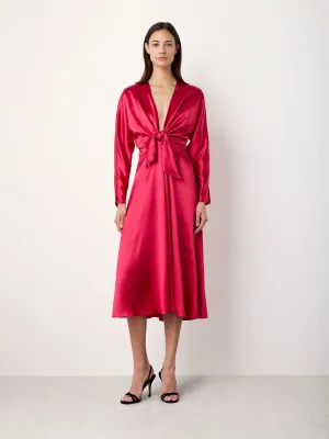 Knot Silk Dress with Ruffles In Dark Pink