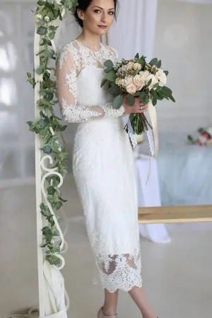 Lace Long Sleeve Tea-length Bridal Dresses with Jewel Neck