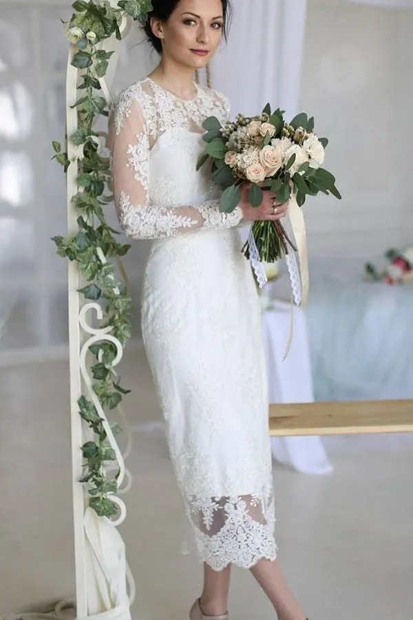 Lace Long Sleeve Tea-length Bridal Dresses with Jewel Neck