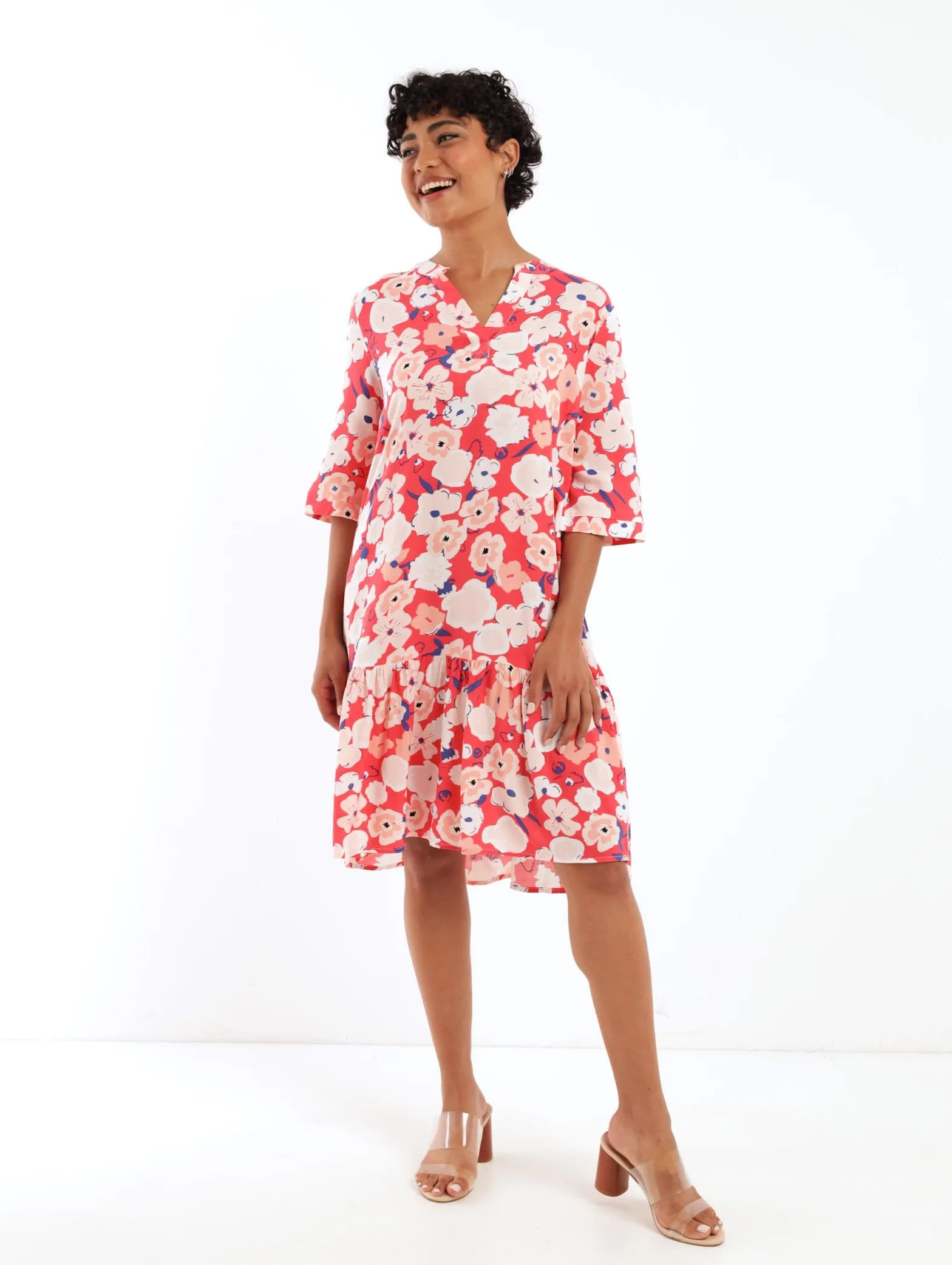 Ladies Drop Hem Shift Dress - Red
