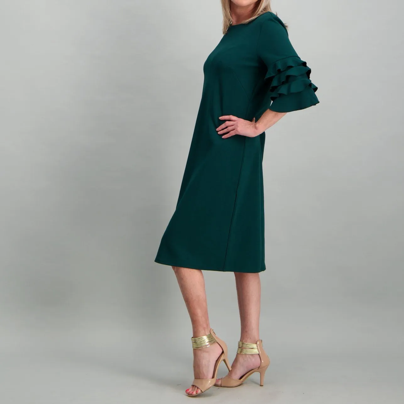 Ladies Knit Shift Dress with Sleeve Detail - Seaweed Green