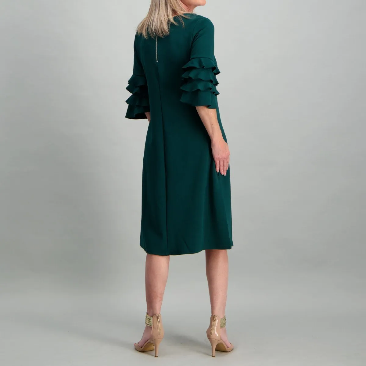 Ladies Knit Shift Dress with Sleeve Detail - Seaweed Green