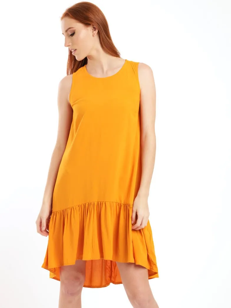 Ladies Sleeveless Tier Hem Shift Dress - Mustard