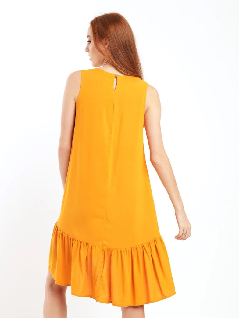 Ladies Sleeveless Tier Hem Shift Dress - Mustard