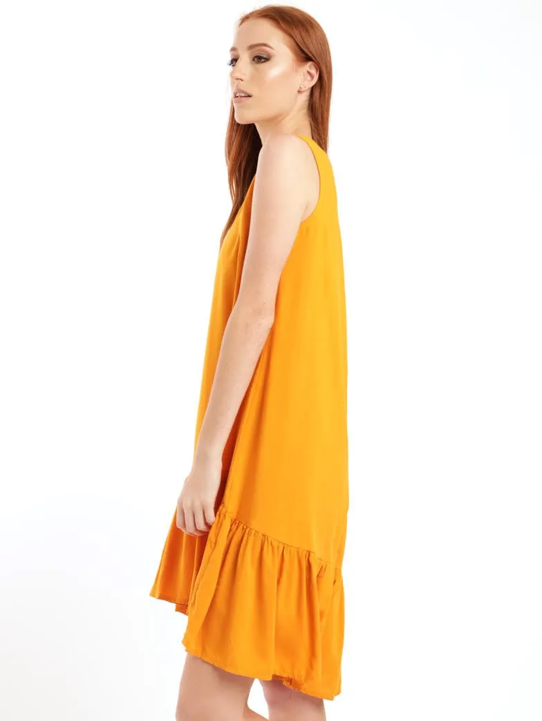 Ladies Sleeveless Tier Hem Shift Dress - Mustard