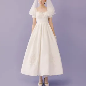 Lantern Short Sleeve Tea Length Wedding Dress with Square-neck
