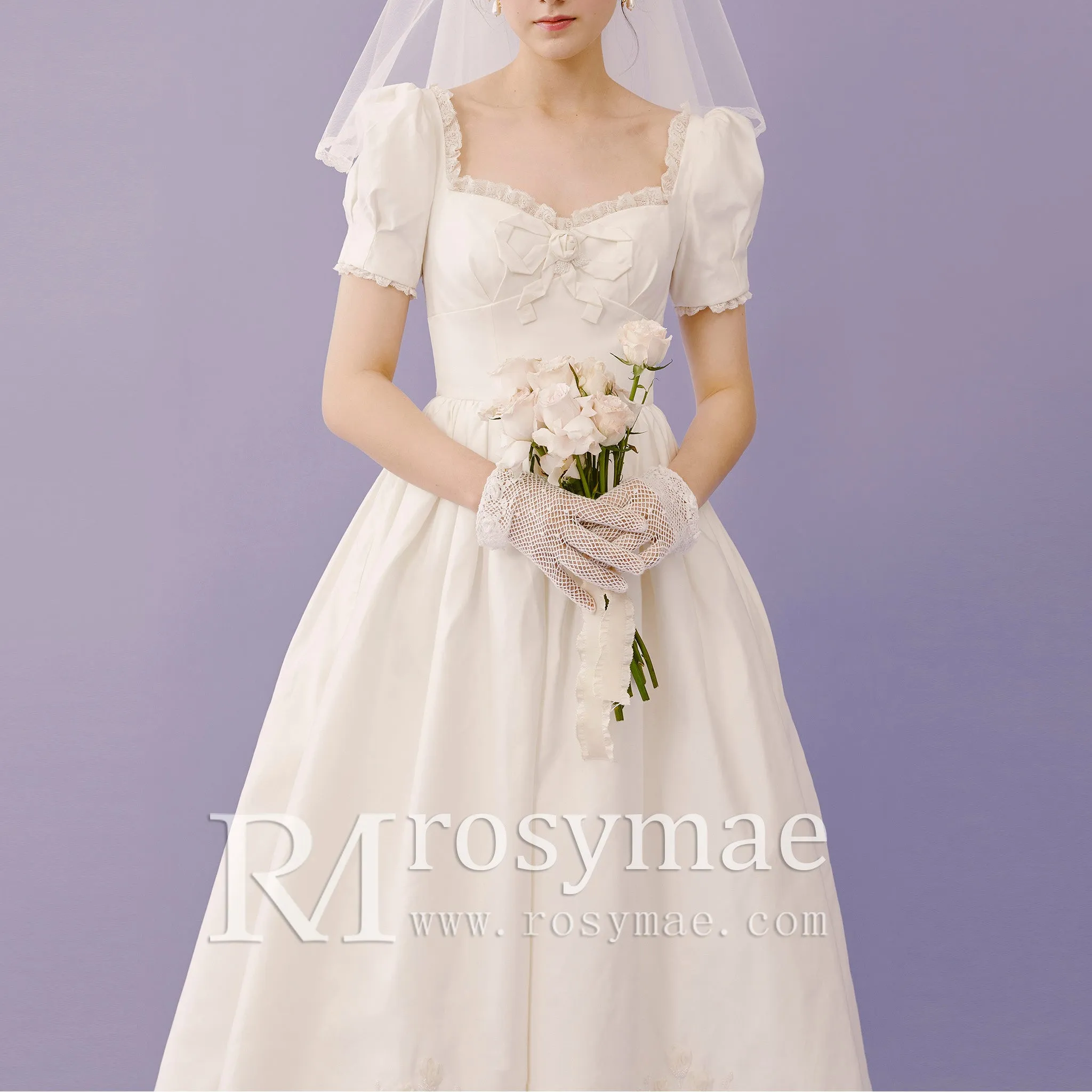 Lantern Short Sleeve Tea Length Wedding Dress with Square-neck
