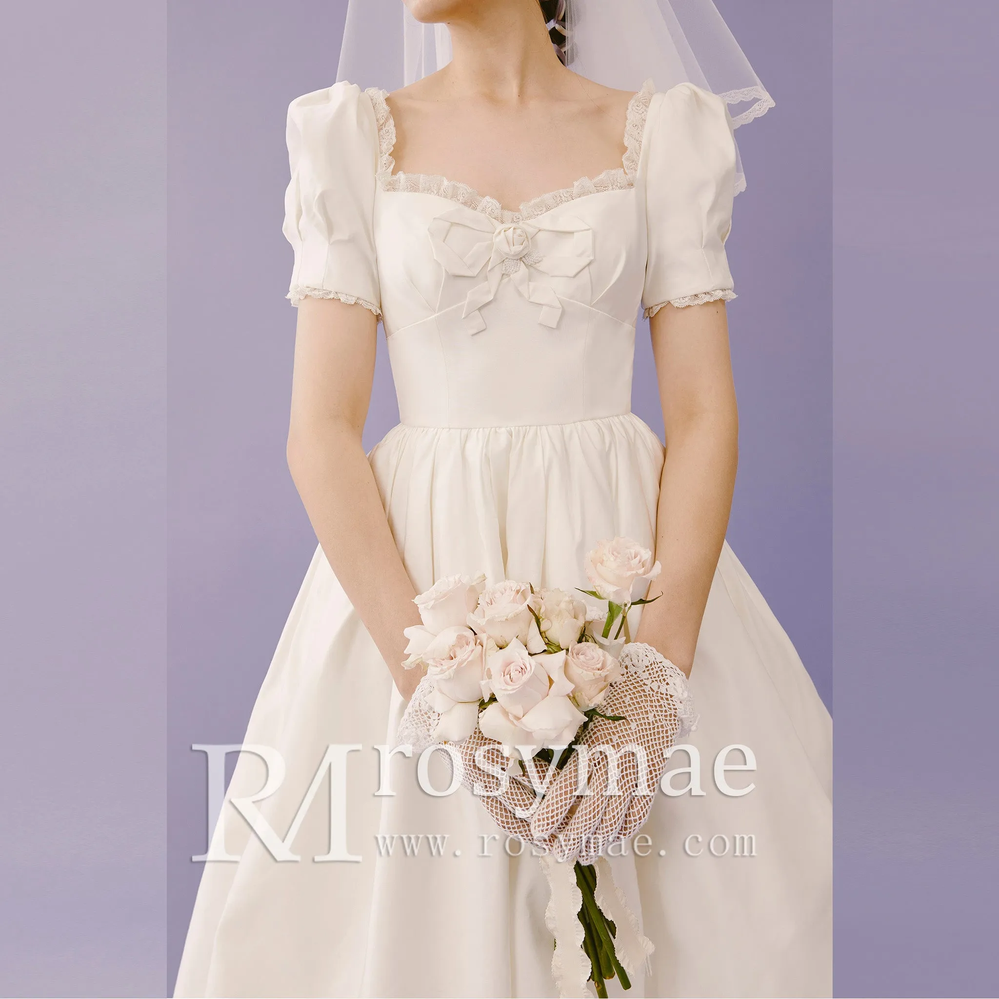 Lantern Short Sleeve Tea Length Wedding Dress with Square-neck