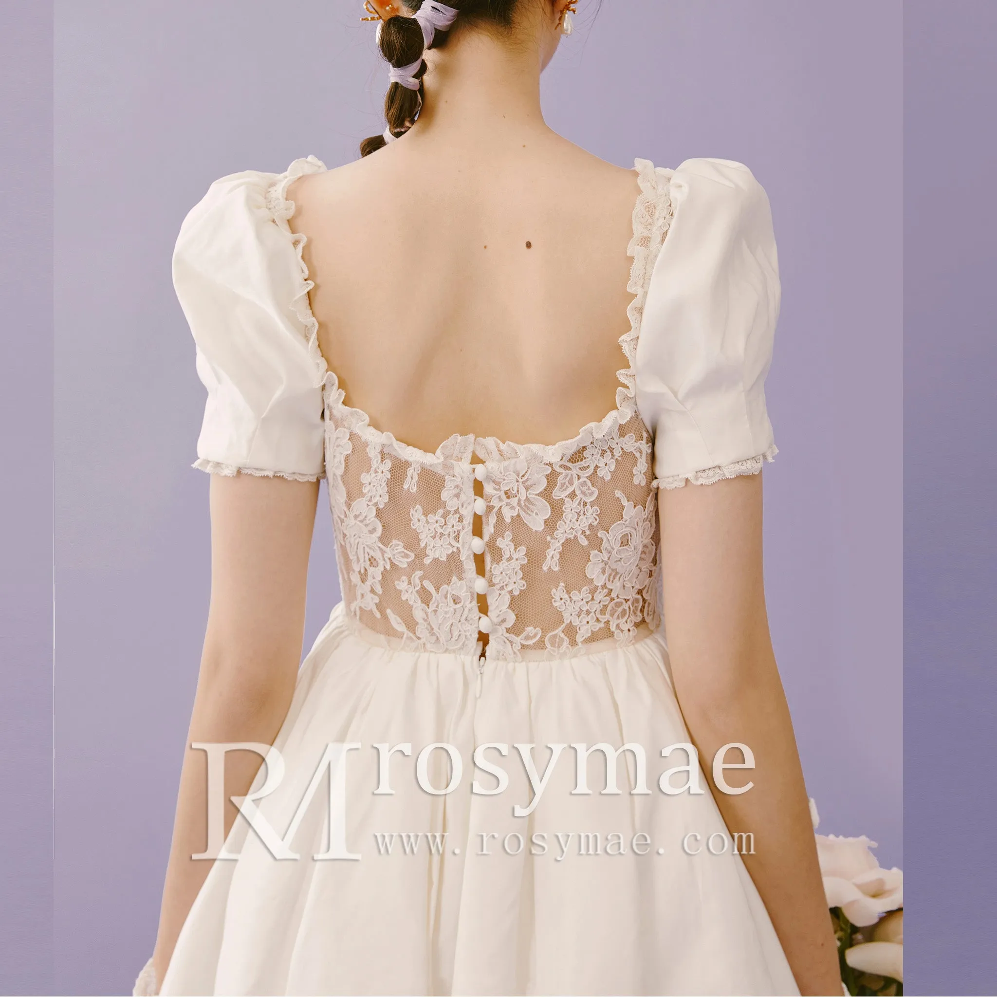 Lantern Short Sleeve Tea Length Wedding Dress with Square-neck