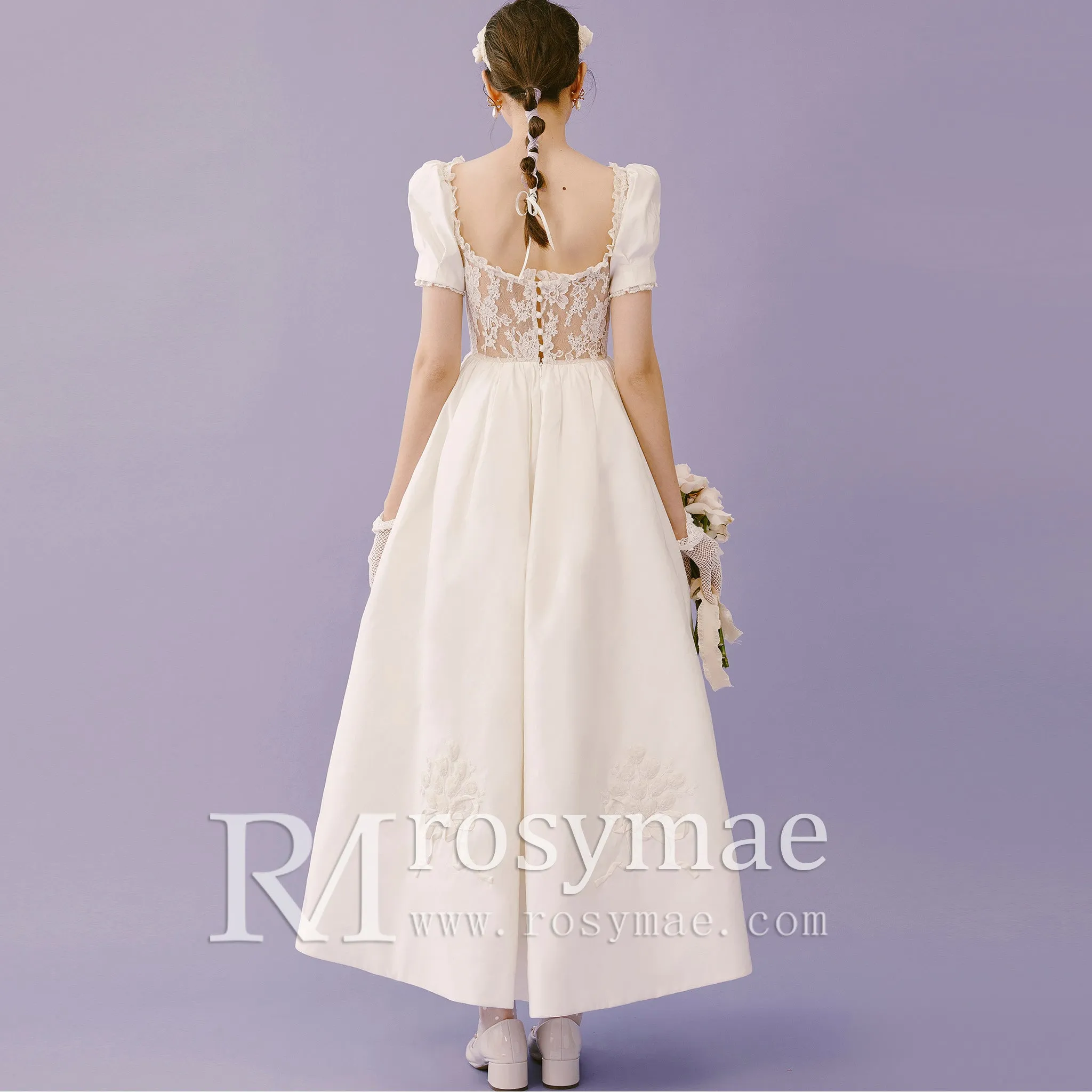 Lantern Short Sleeve Tea Length Wedding Dress with Square-neck
