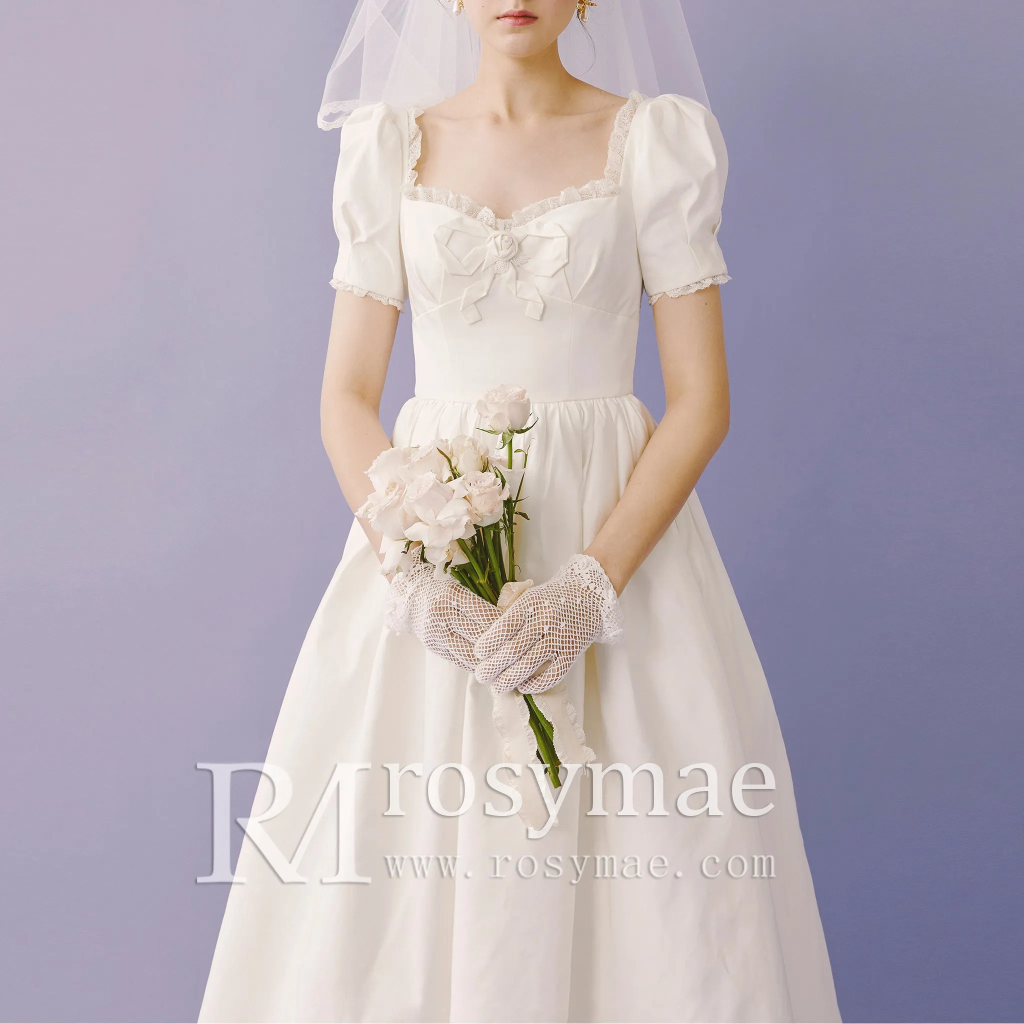 Lantern Short Sleeve Tea Length Wedding Dress with Square-neck