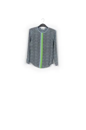 Large check blue print blouse with contrasting stripe