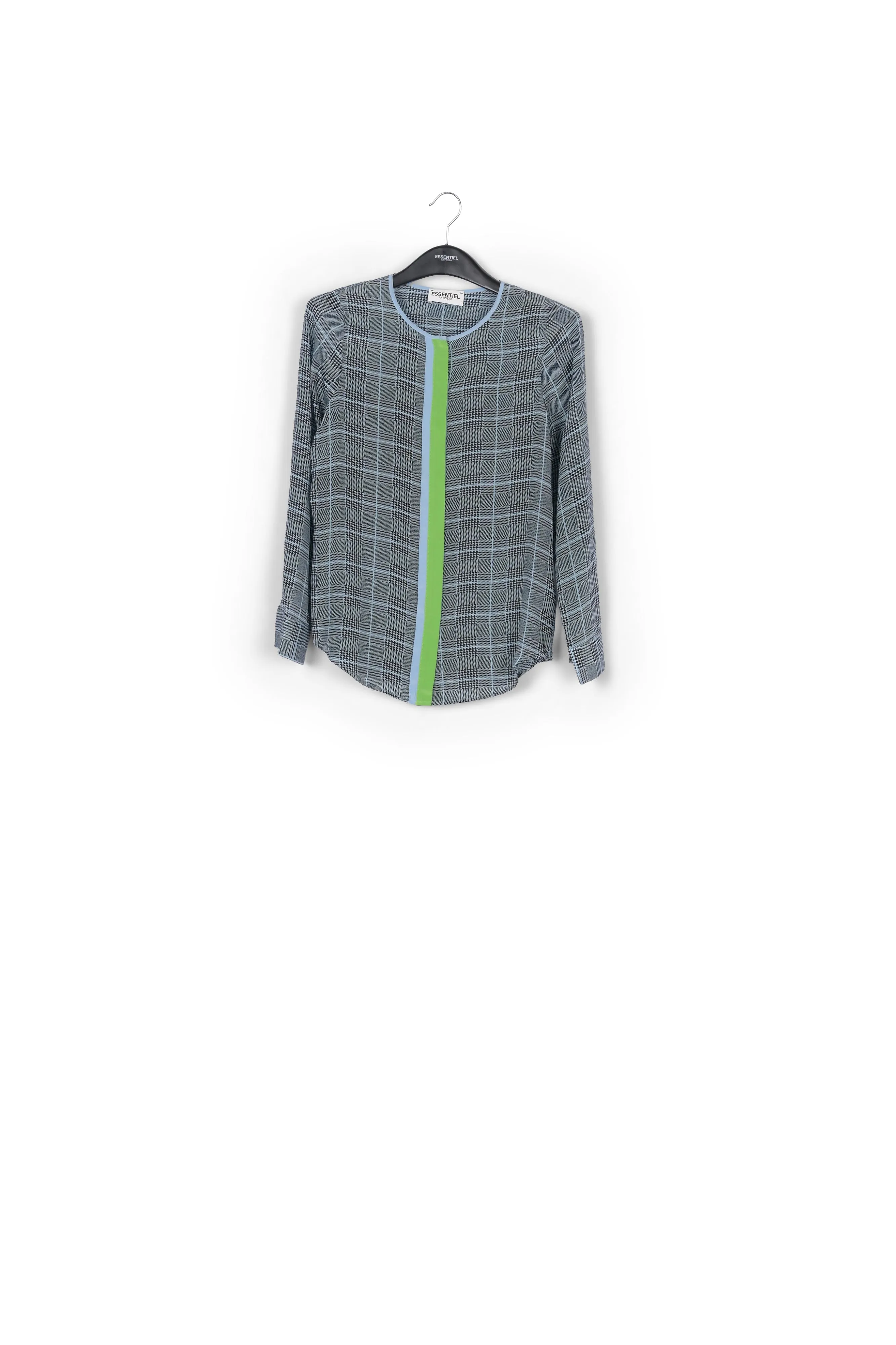 Large check blue print blouse with contrasting stripe
