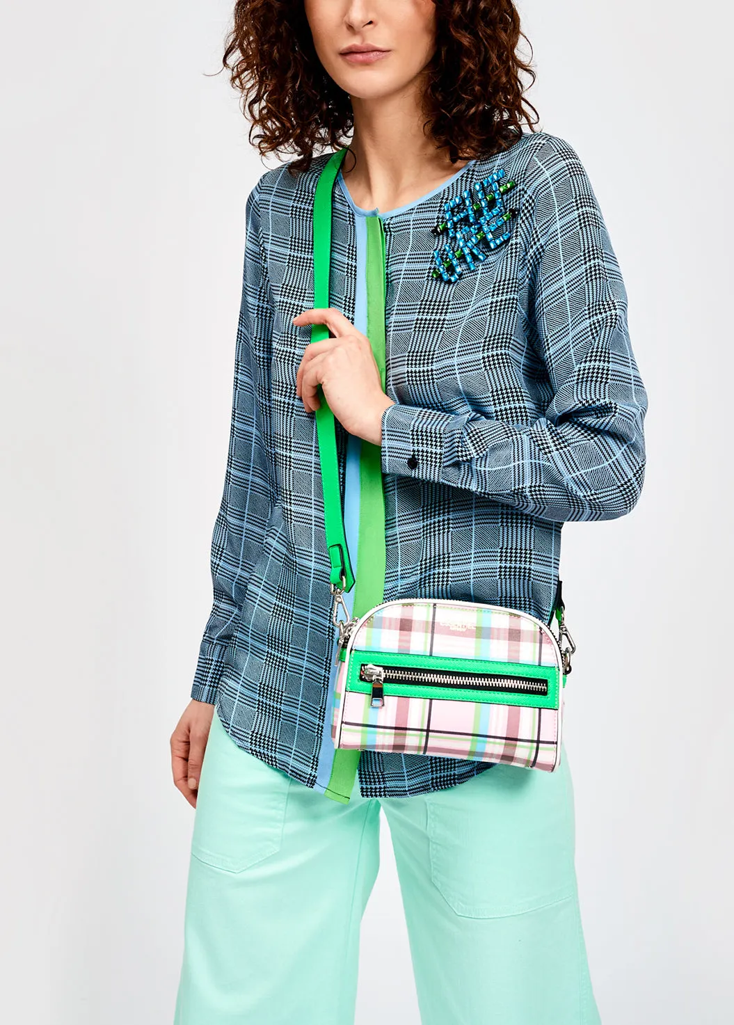 Large check blue print blouse with contrasting stripe