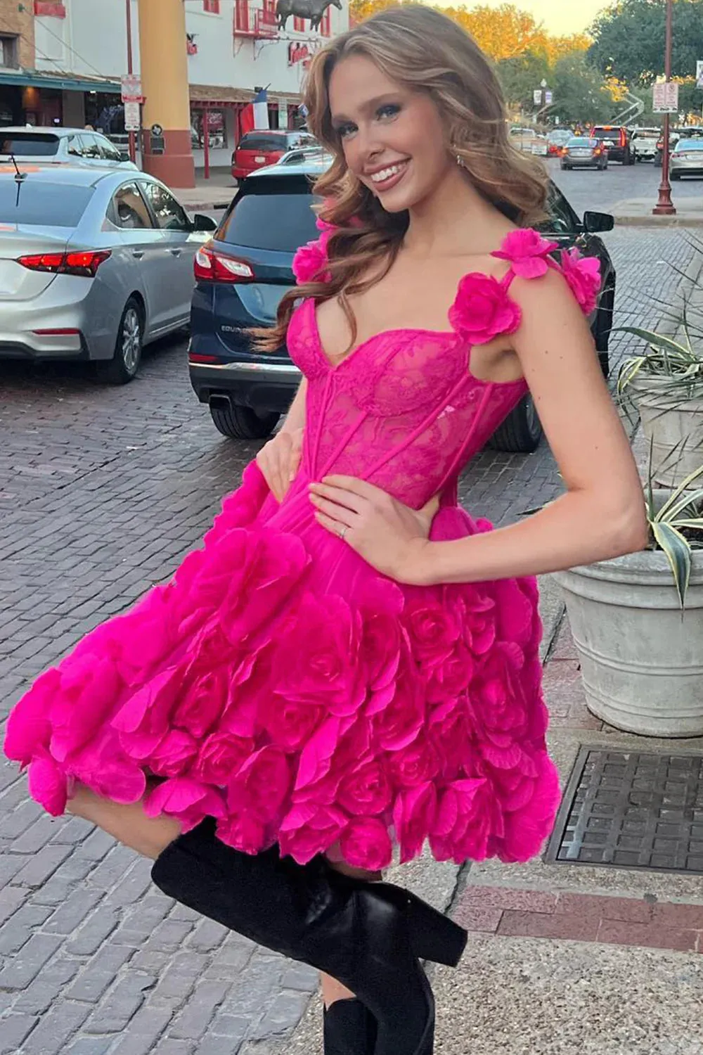 Laticia | Fuchsia Spaghetti Straps A-Line Short Corset Homecoming Dress with 3D Flowers