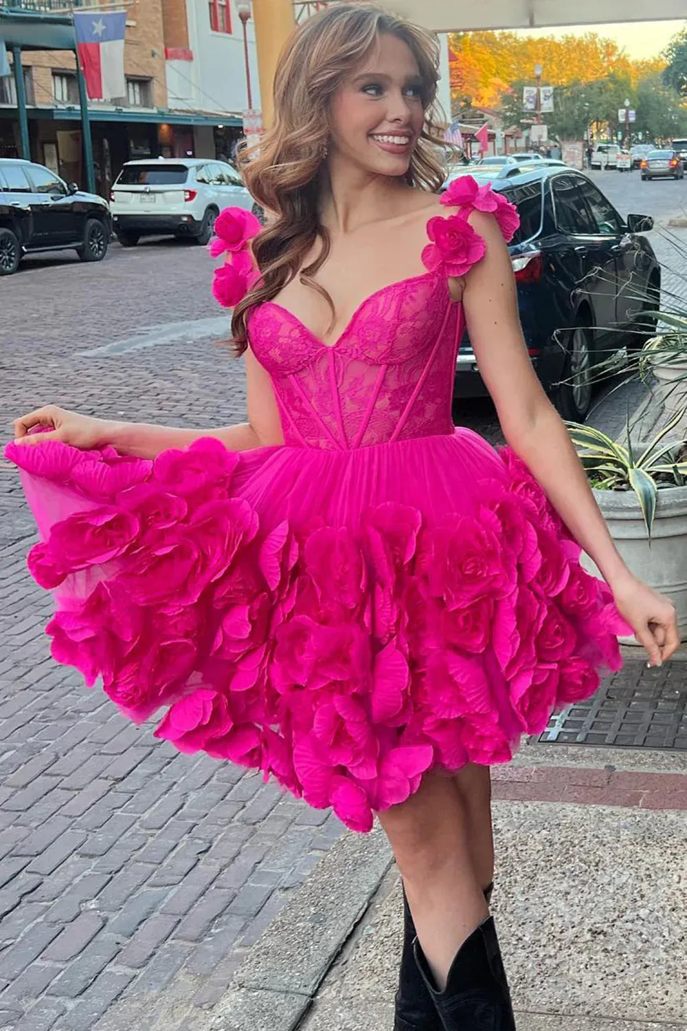 Laticia | Fuchsia Spaghetti Straps A-Line Short Corset Homecoming Dress with 3D Flowers
