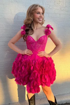 Laticia | Fuchsia Spaghetti Straps A-Line Short Corset Homecoming Dress with 3D Flowers