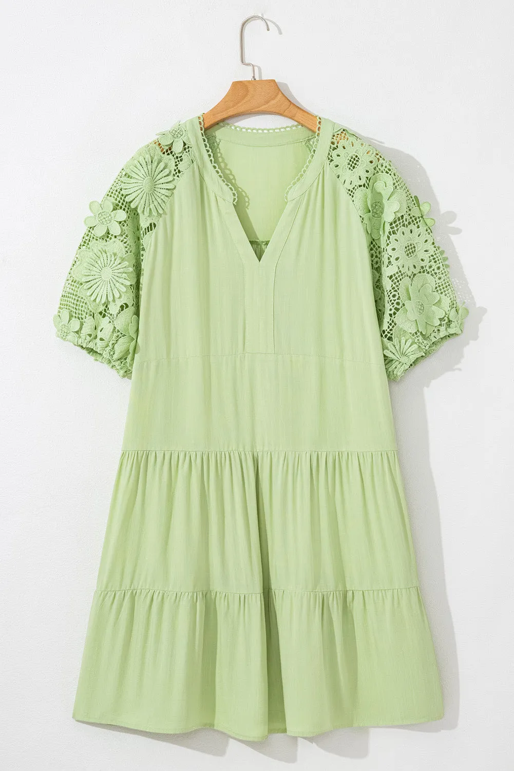 Laurel Green Floral Crochet Short Sleeve Notch V Neck Tiered Plus Size Mini Dress