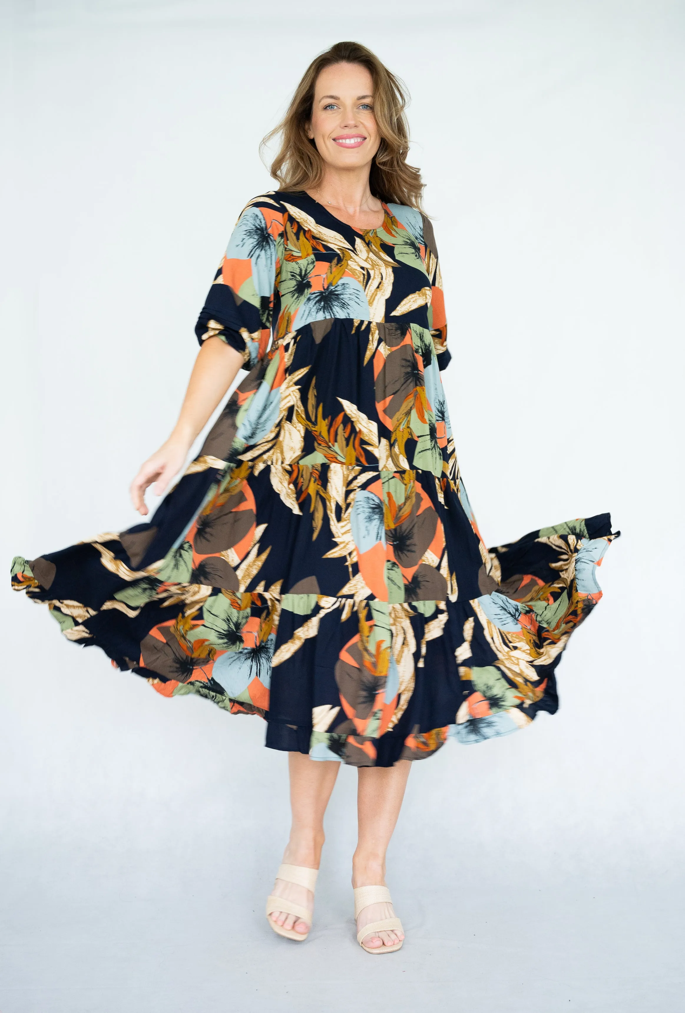 Leaf Print Tiered Dress