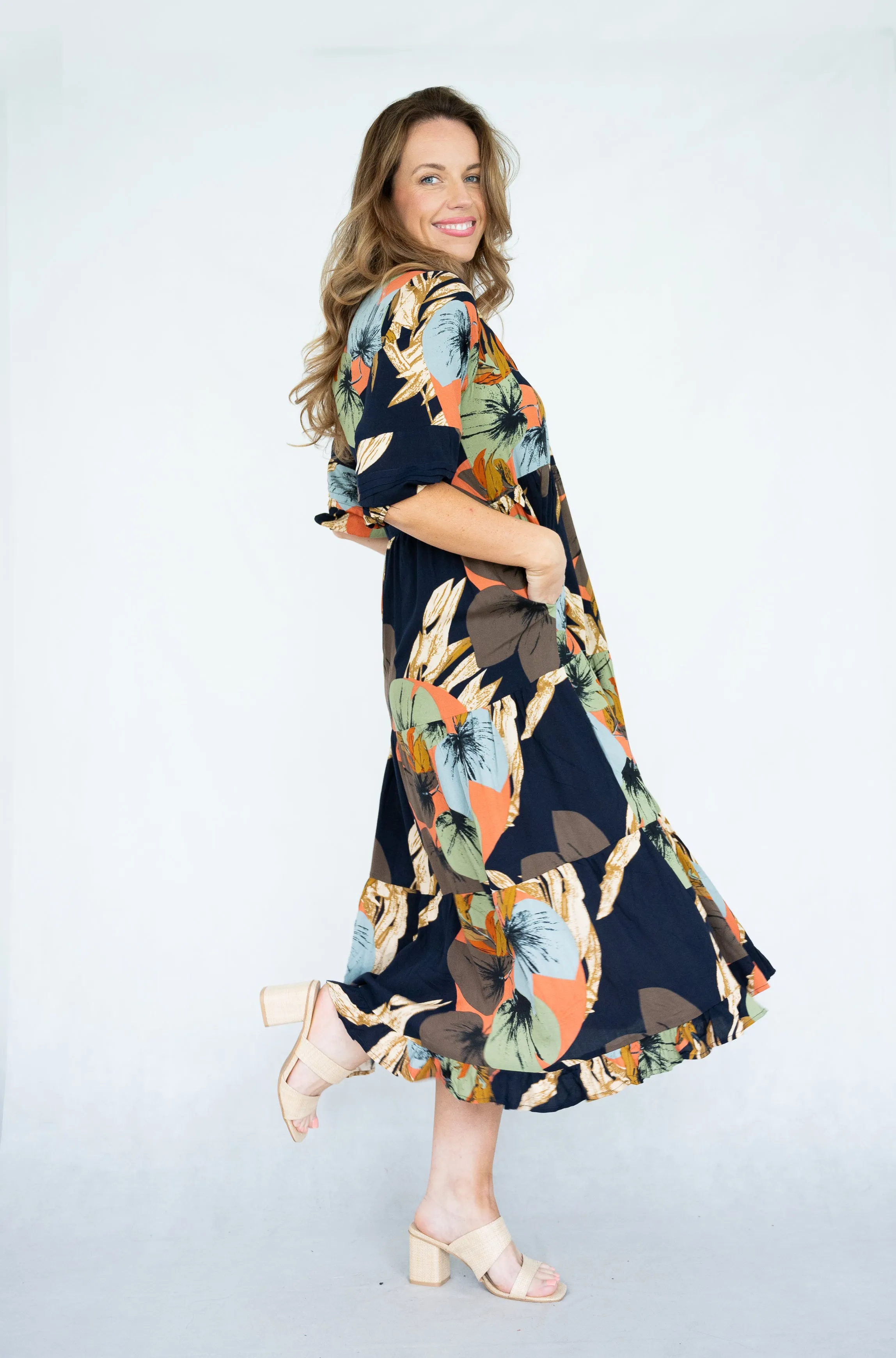 Leaf Print Tiered Dress