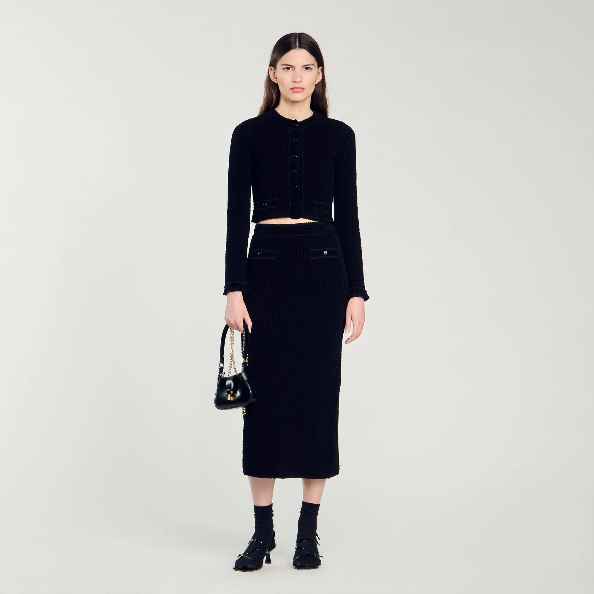Leandro Velvet Knit Cropped Cardigan Black
