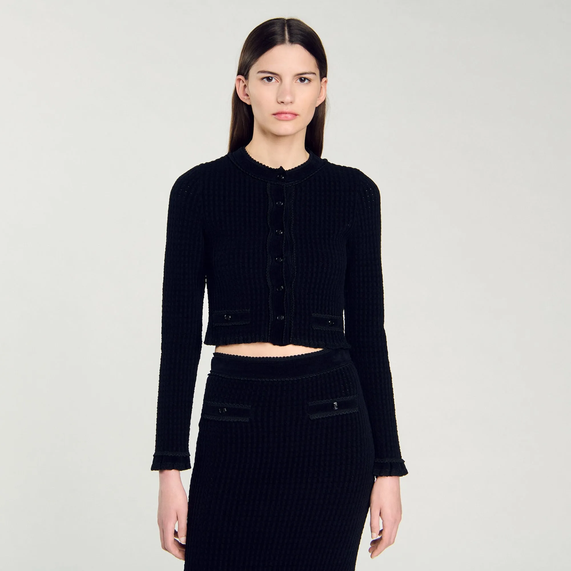 Leandro Velvet Knit Cropped Cardigan Black
