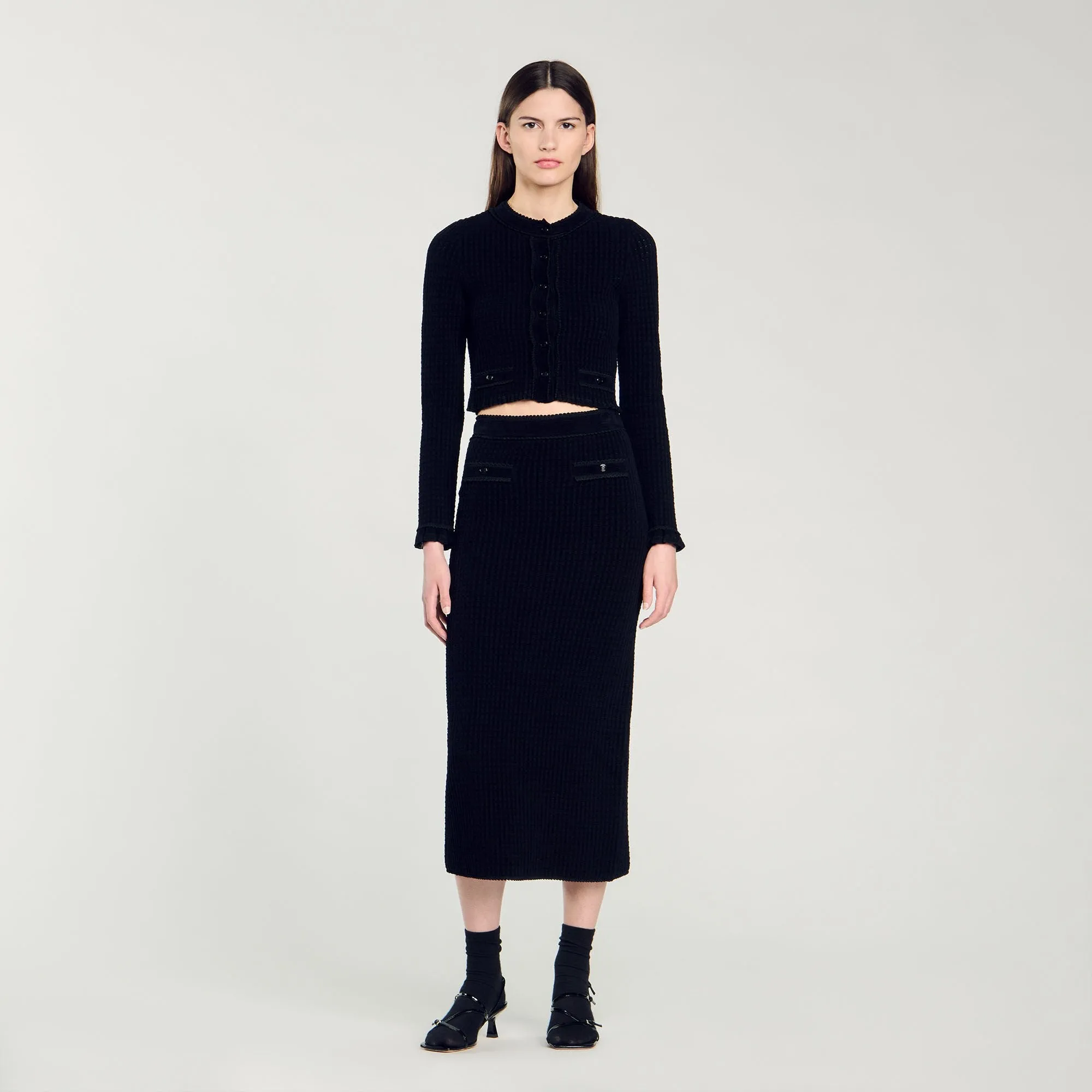 Leandro Velvet Knit Cropped Cardigan Black
