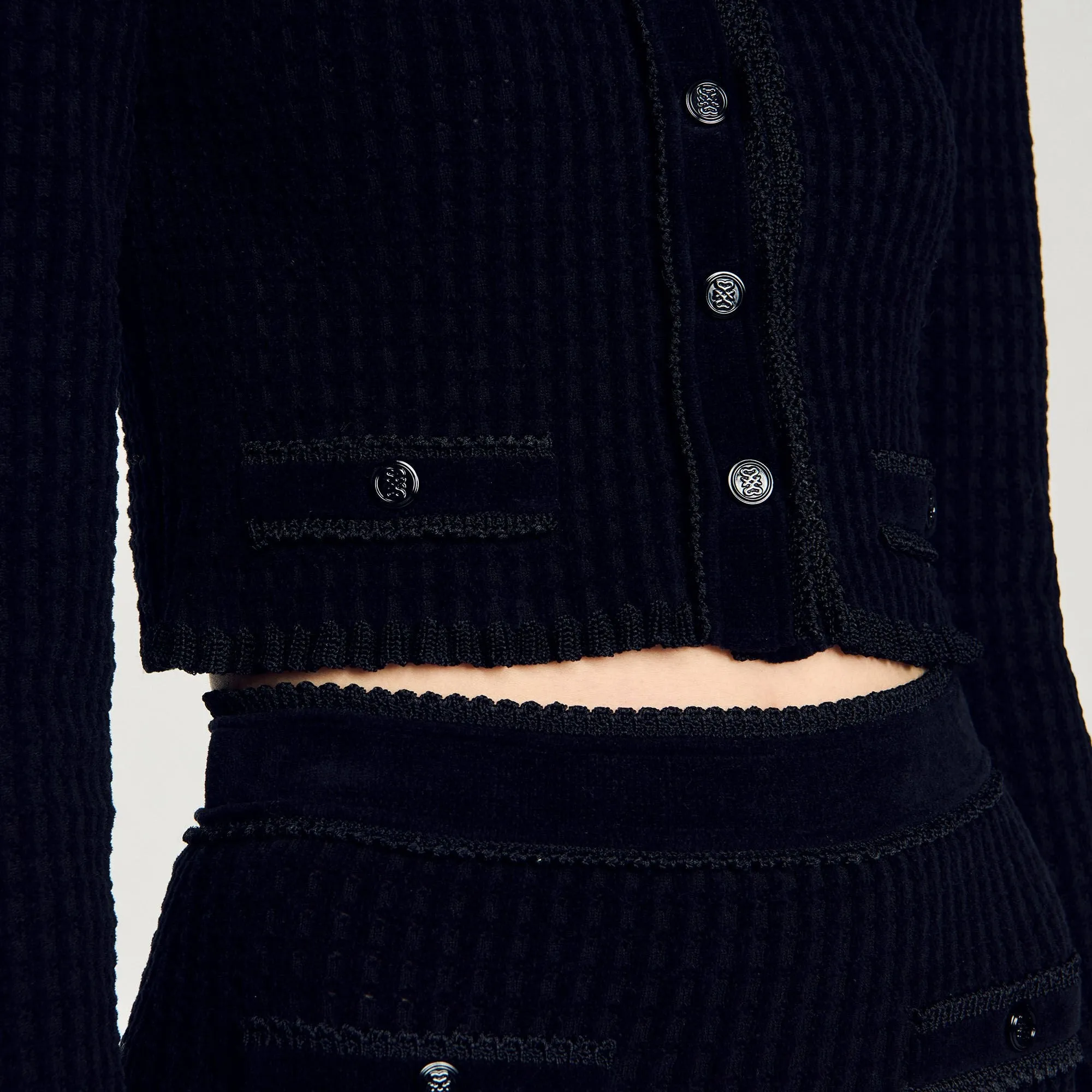 Leandro Velvet Knit Cropped Cardigan Black