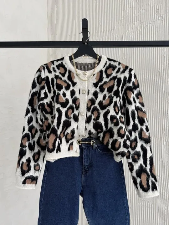 Leopard Beige Cardigan With Golden Buttons