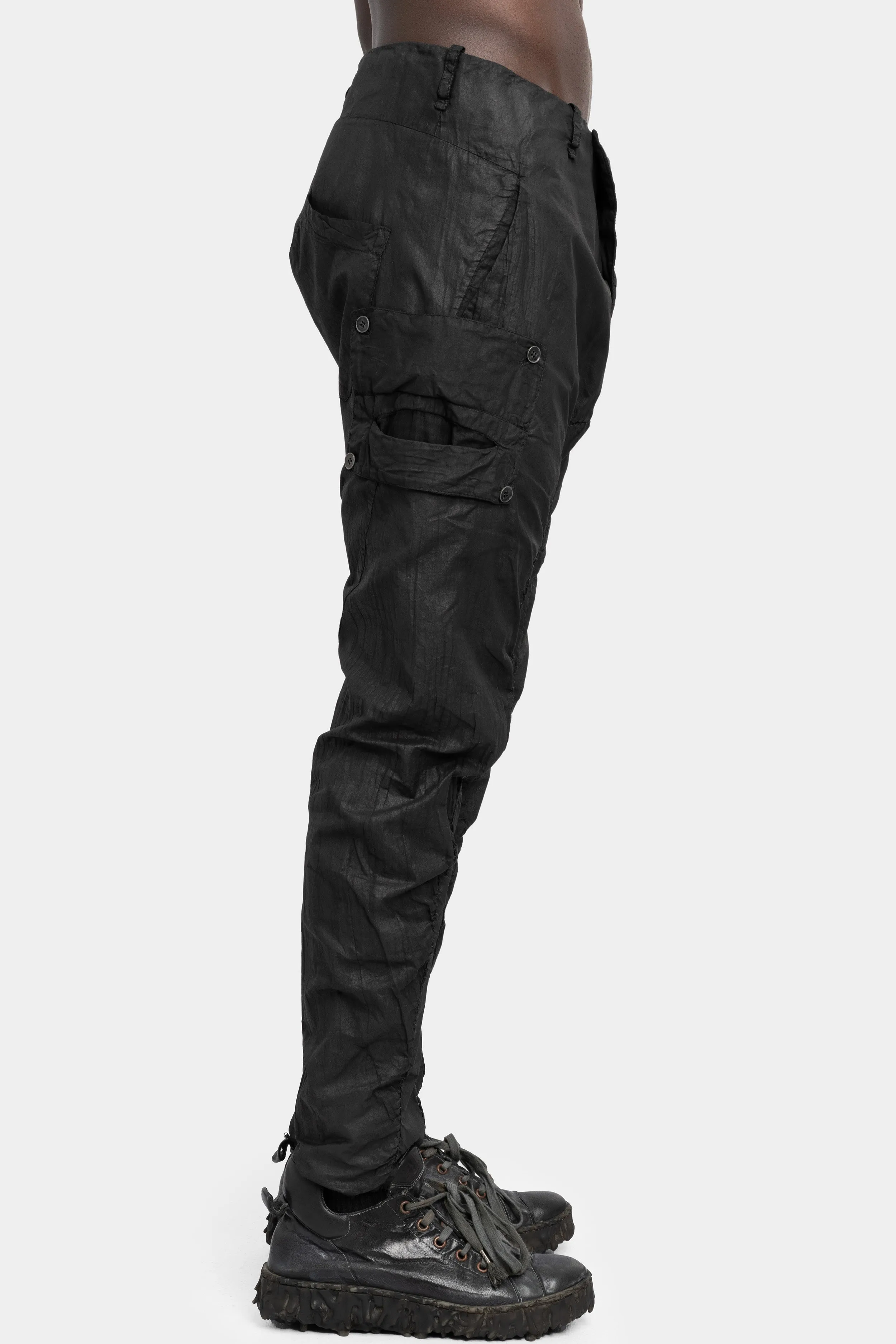 Lightweight cotton gauze pants, Leather effect