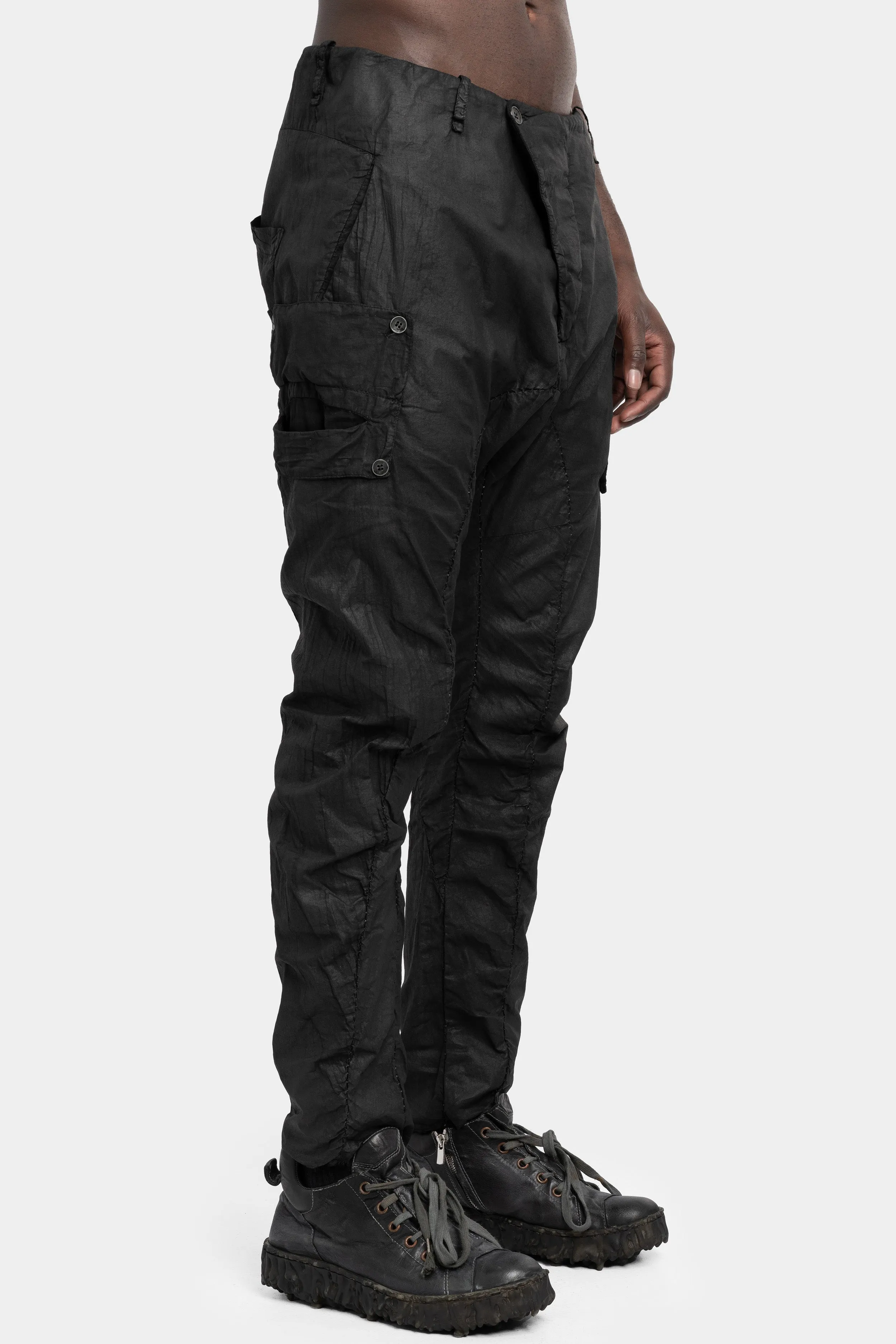 Lightweight cotton gauze pants, Leather effect