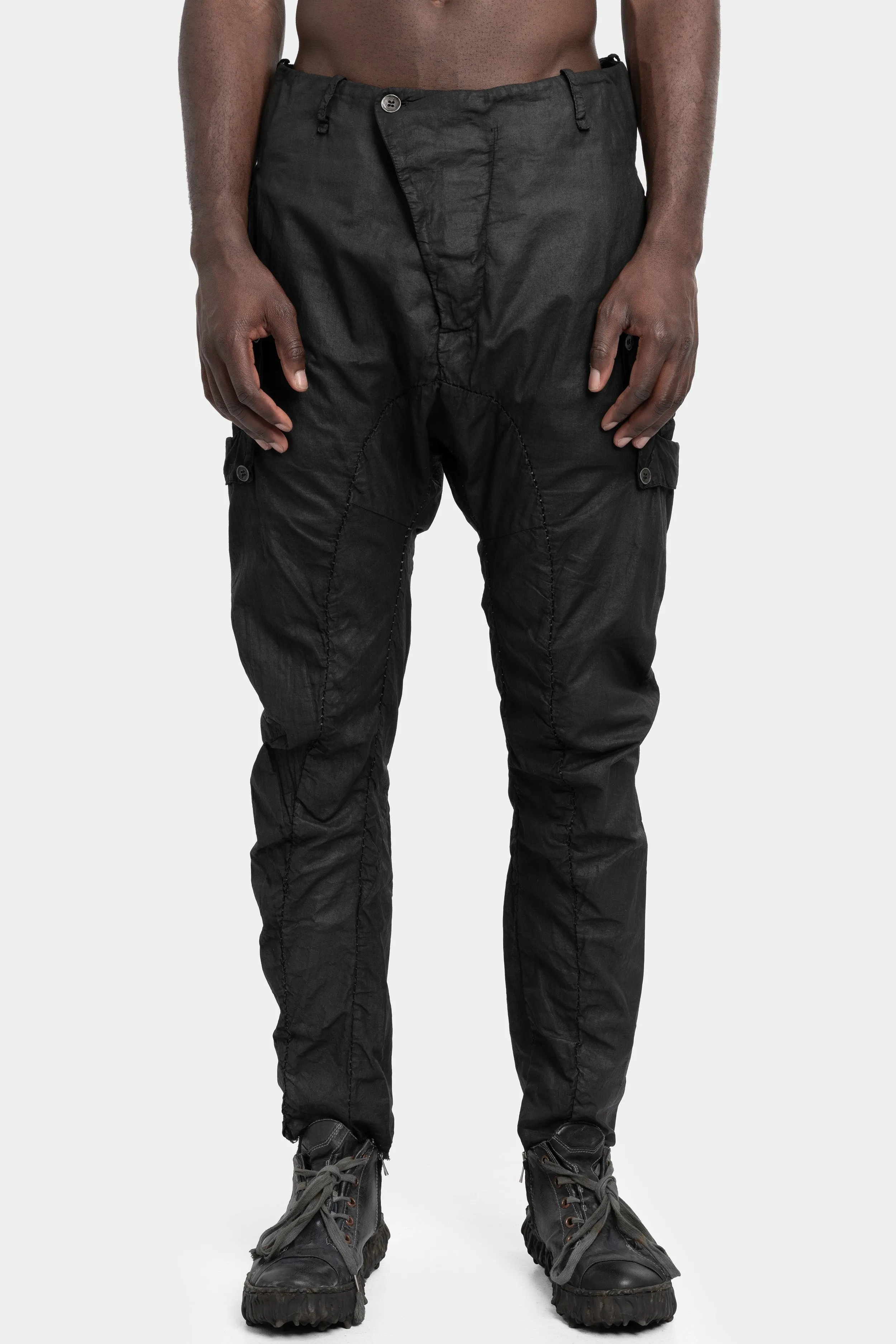 Lightweight cotton gauze pants, Leather effect