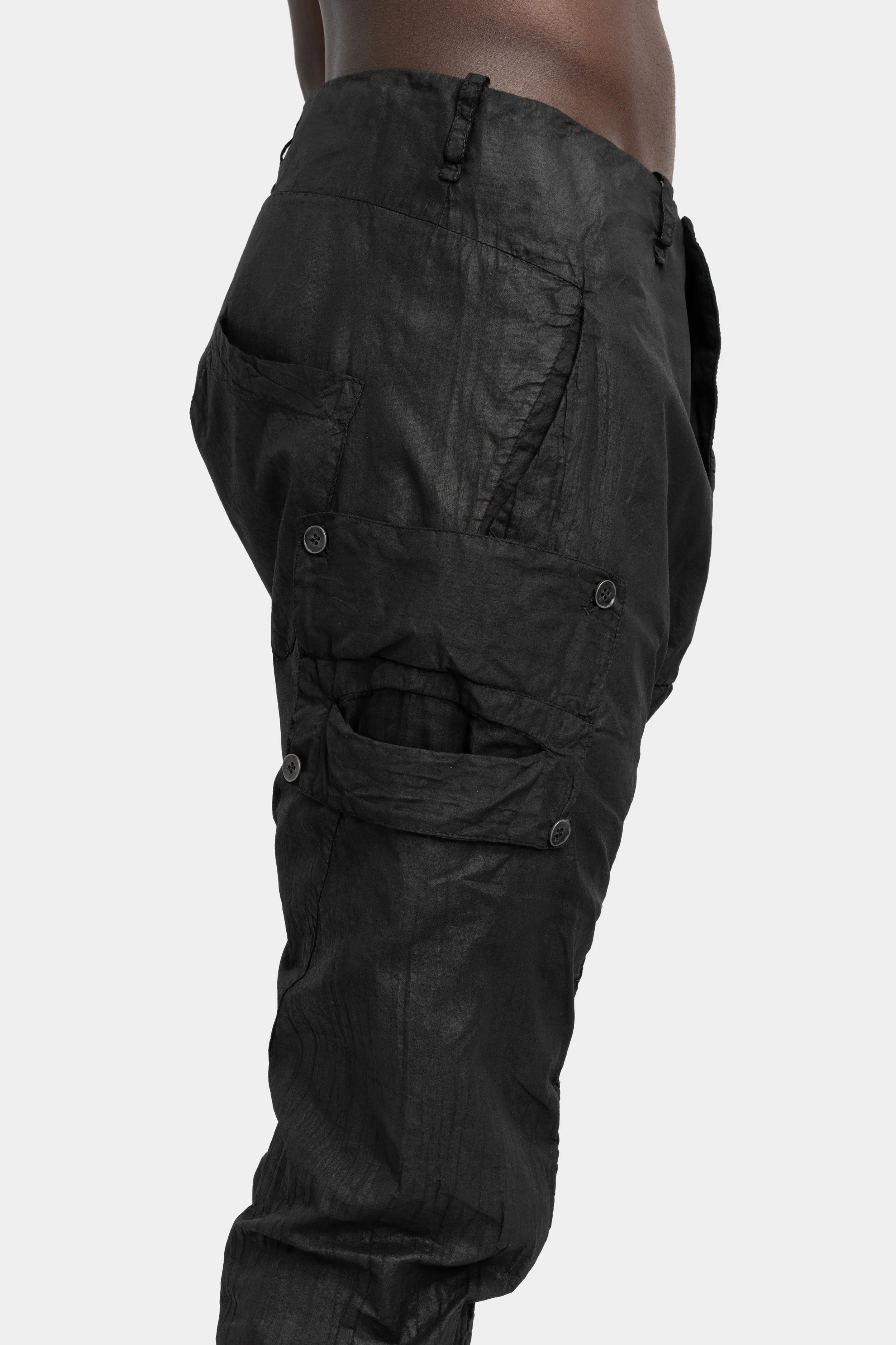 Lightweight cotton gauze pants, Leather effect