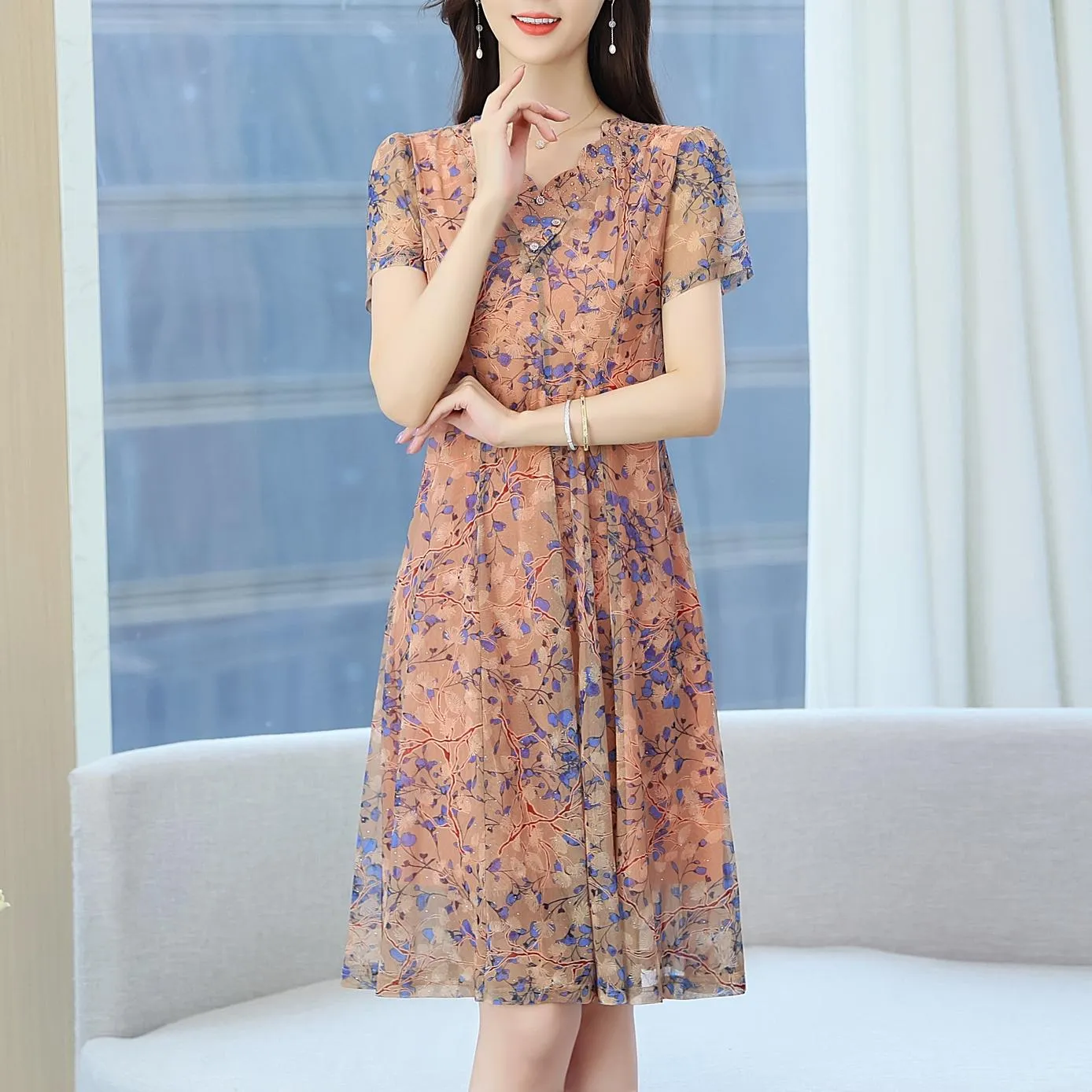 Lightweight Floral Print Tea Tea Dress for Women