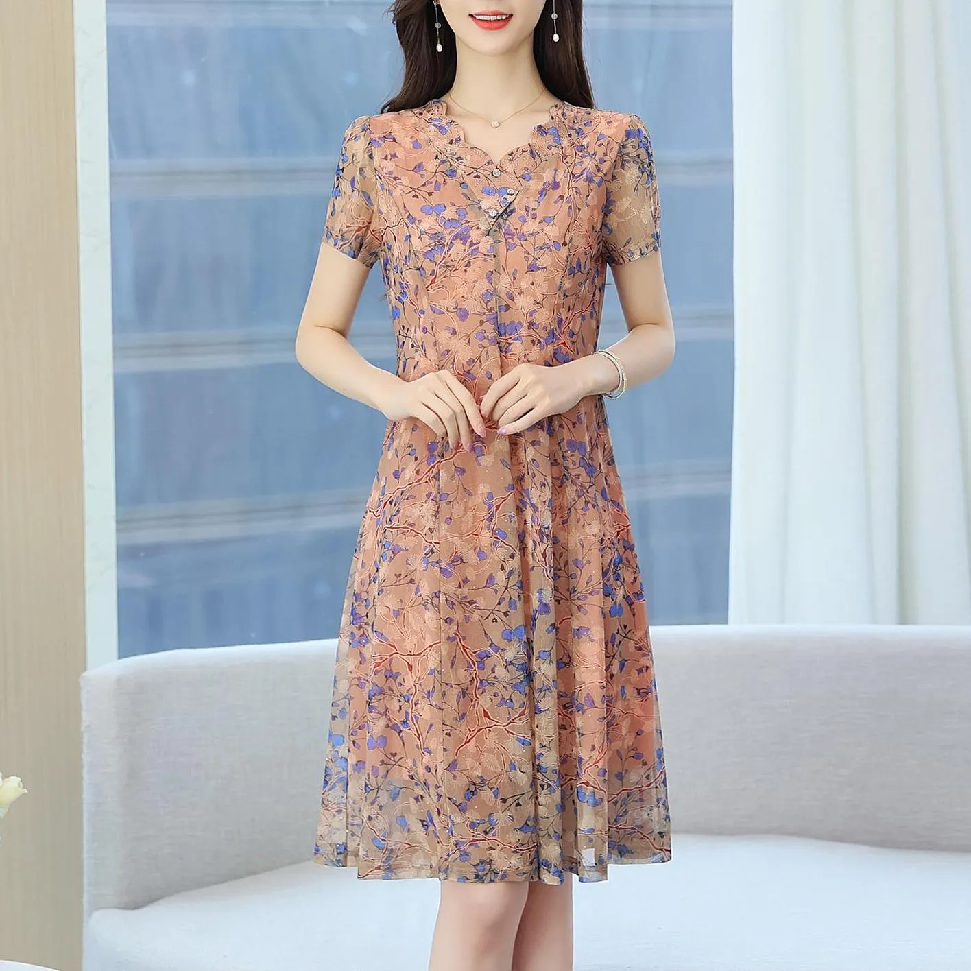Lightweight Floral Print Tea Tea Dress for Women