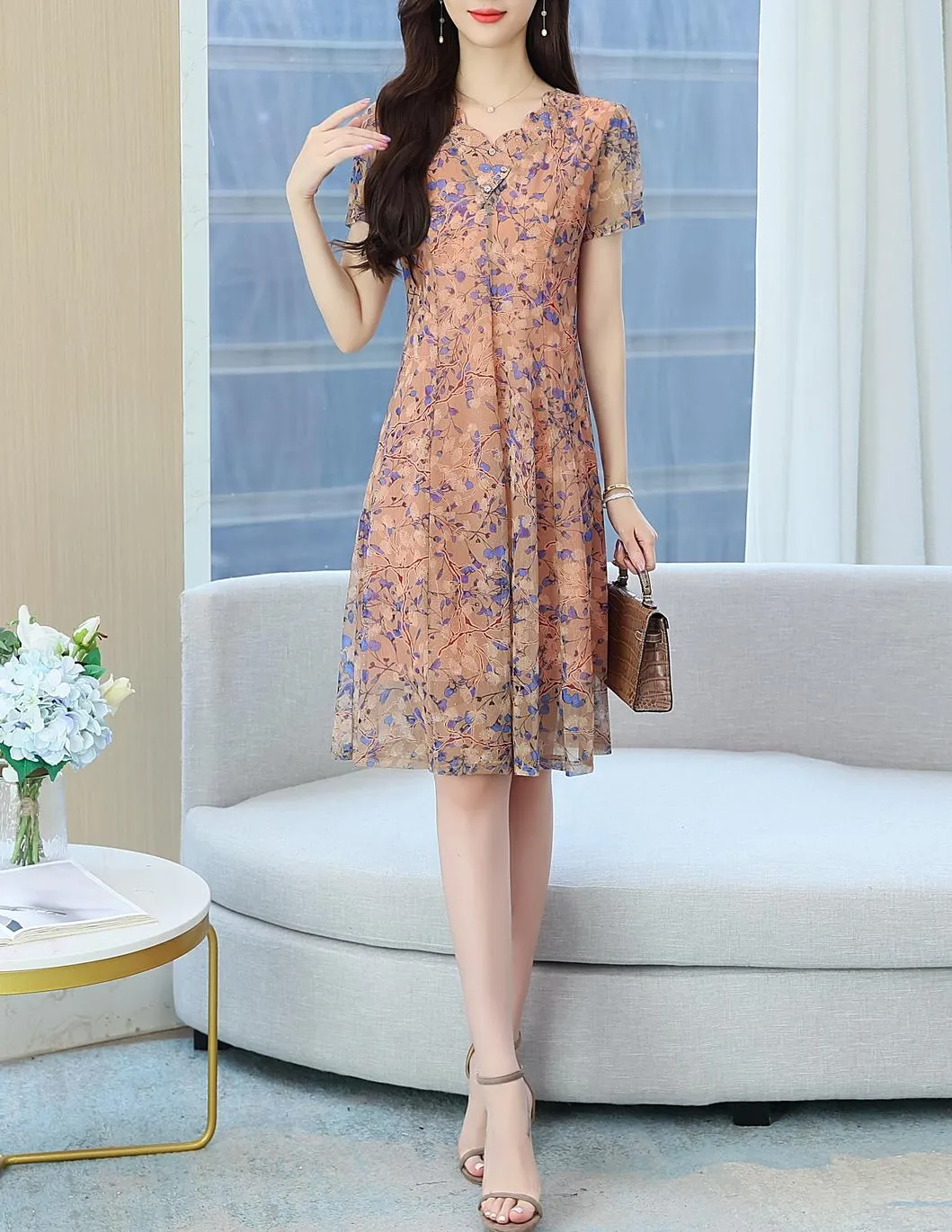 Lightweight Floral Print Tea Tea Dress for Women