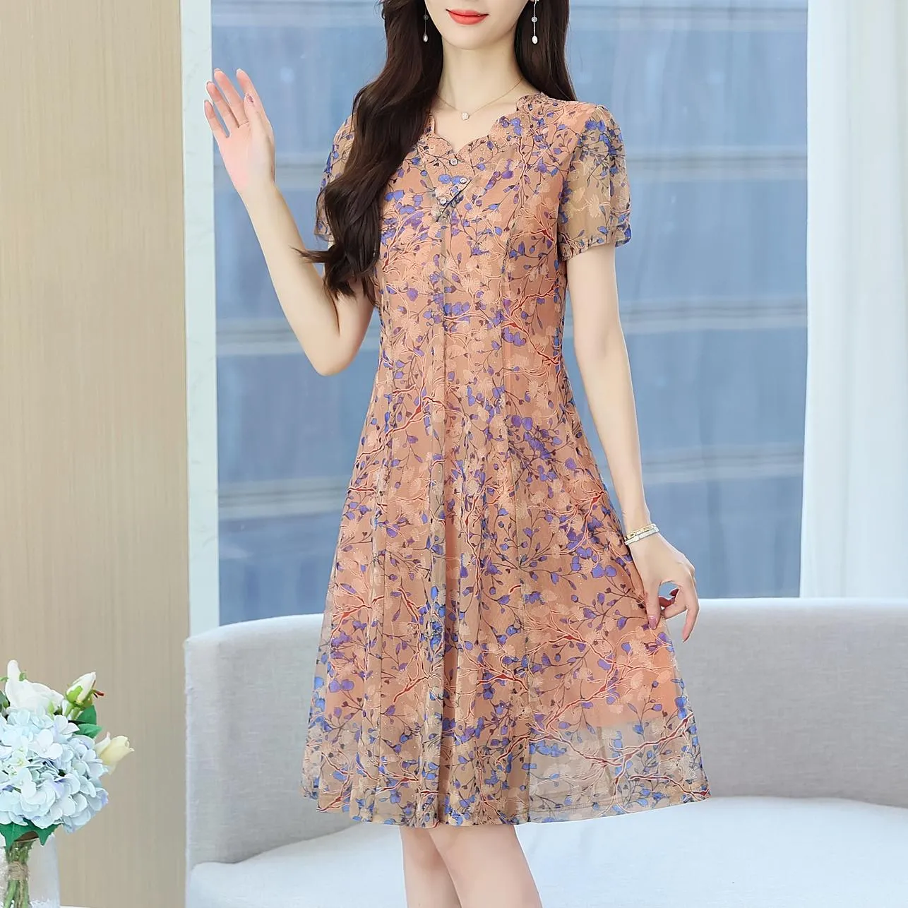 Lightweight Floral Print Tea Tea Dress for Women