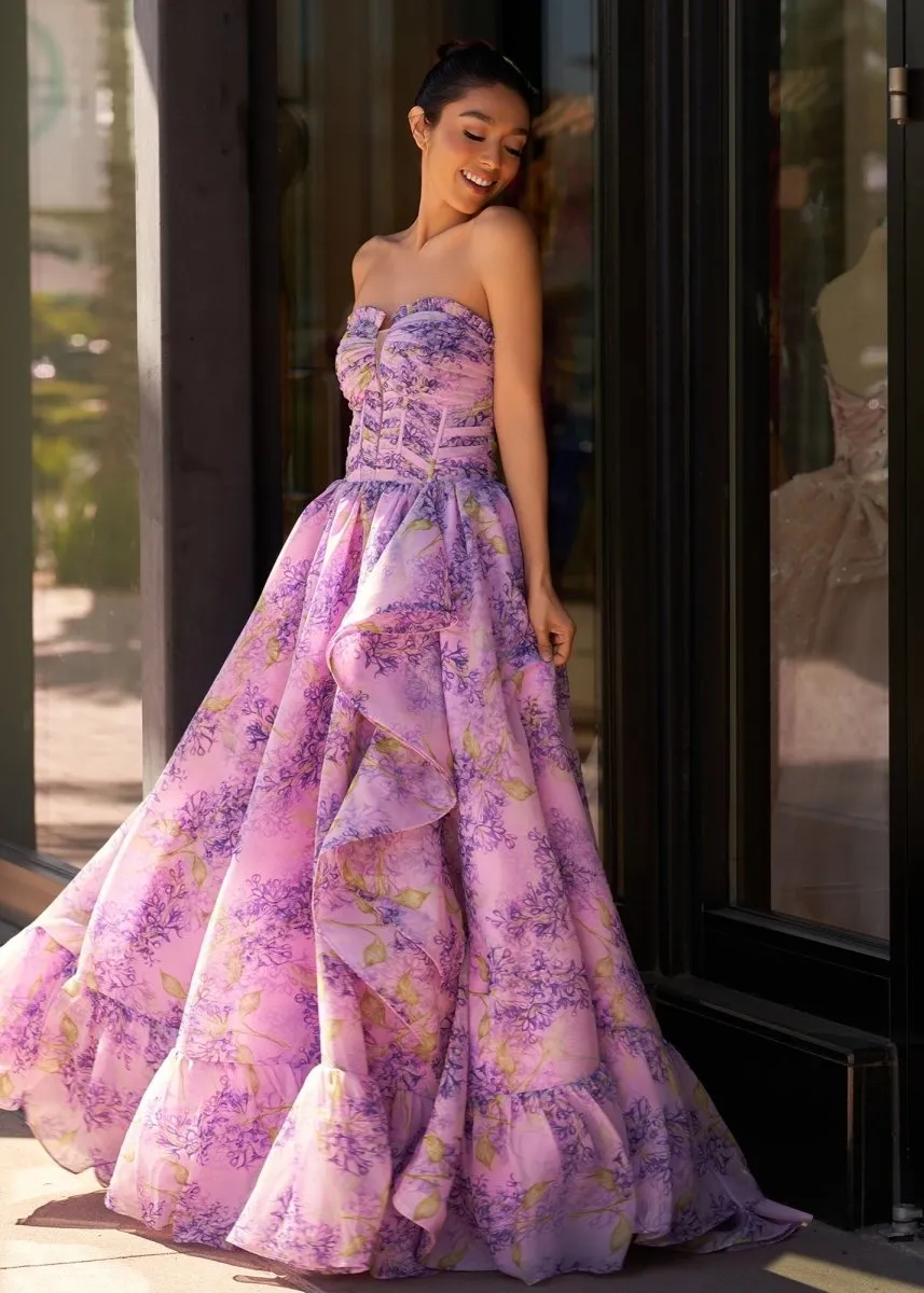 Lilac A-Line Corset Detachable Sweetheart Floral Long Prom Dress